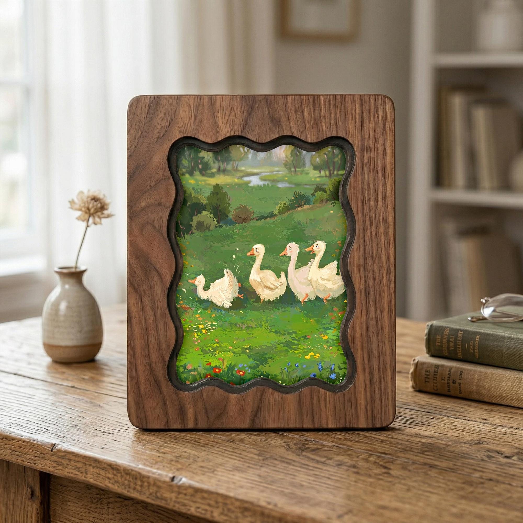 Goose Wall Art, Wavy Wood Frame, Nursery Wall Decor, Meadow Painting, Farmhouse Wall Art, Kids Room Decor, Canvas Wood Sign, Wood Wall Decor