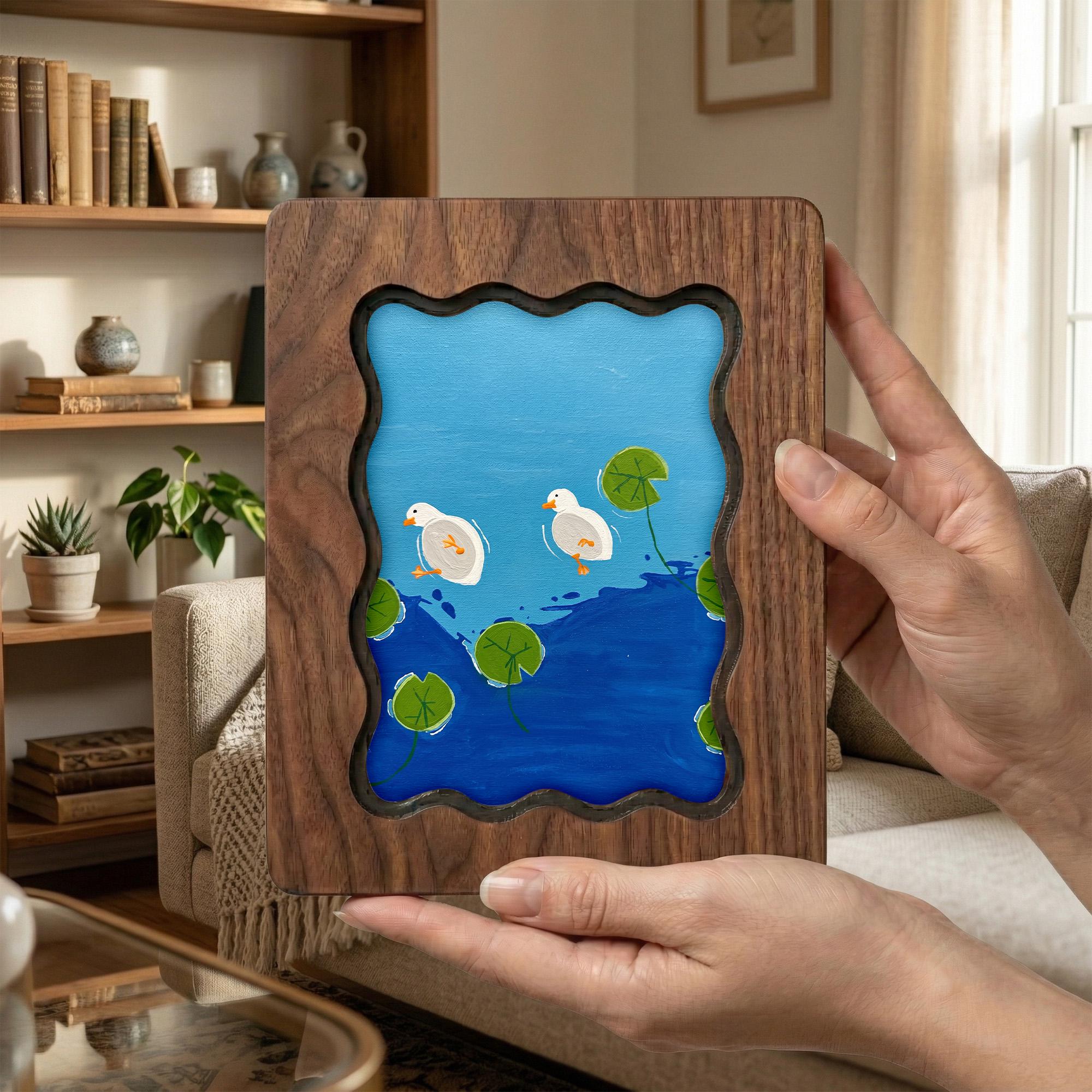 Duck Wall Art, Wooden Duck Decor, Nursery Wall Art, Plywood Frame Canvas, Duck Pond Painting, Kids Room Decor, Housewarming Gift, Wood Art