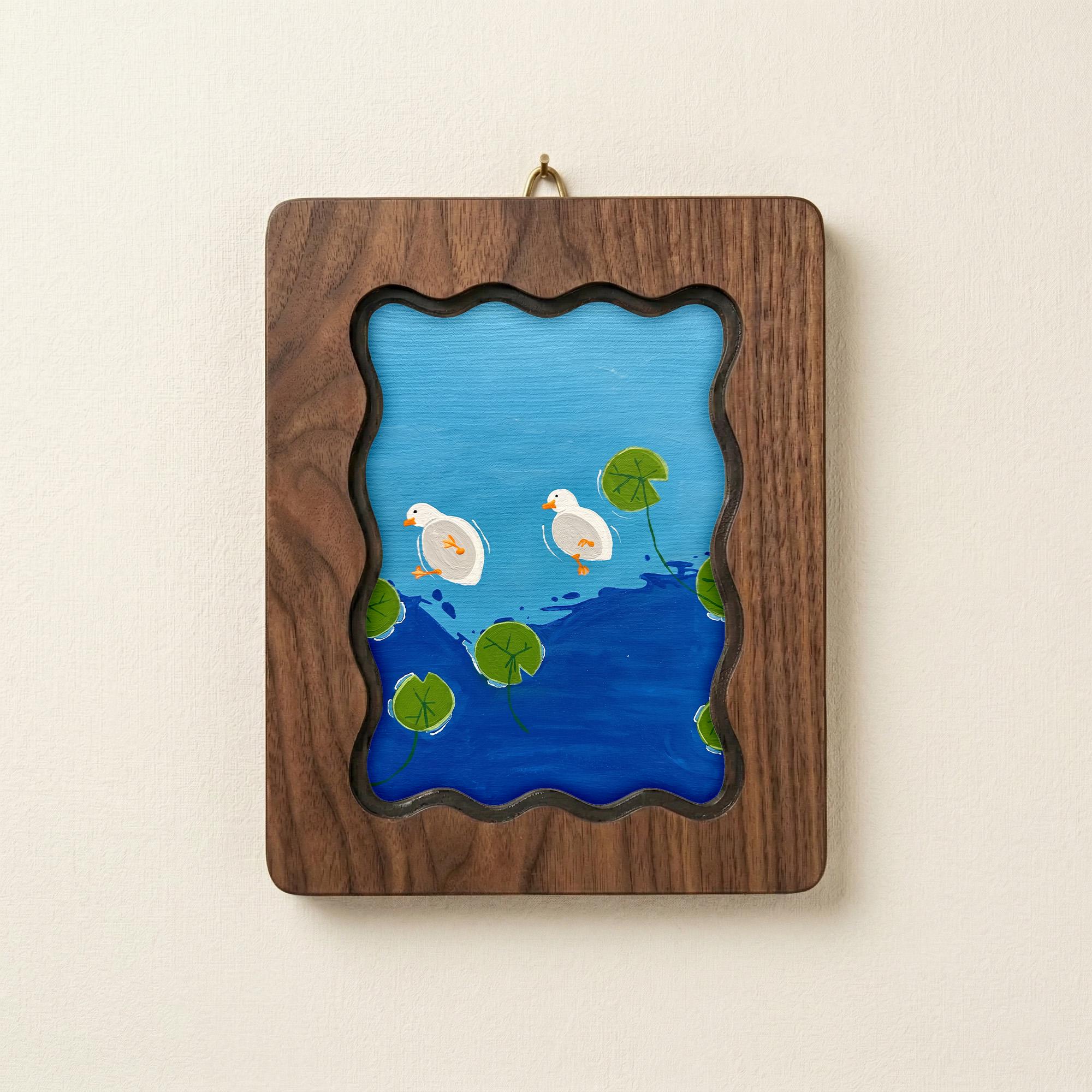 Duck Wall Art, Wooden Duck Decor, Nursery Wall Art, Plywood Frame Canvas, Duck Pond Painting, Kids Room Decor, Housewarming Gift, Wood Art