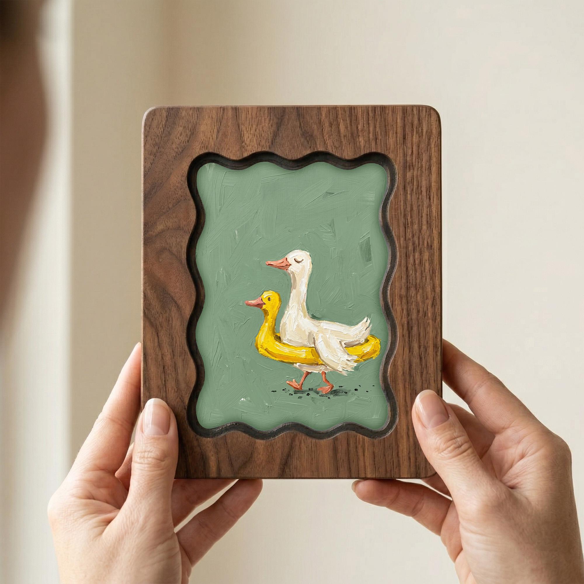 Duck Oil Painting, Scalloped Wood Frame, Wavy Frame Wall Art, Funny Goose Canvas, Duck Nursery Decor, Plywood Art Frame,Cute Animal Painting