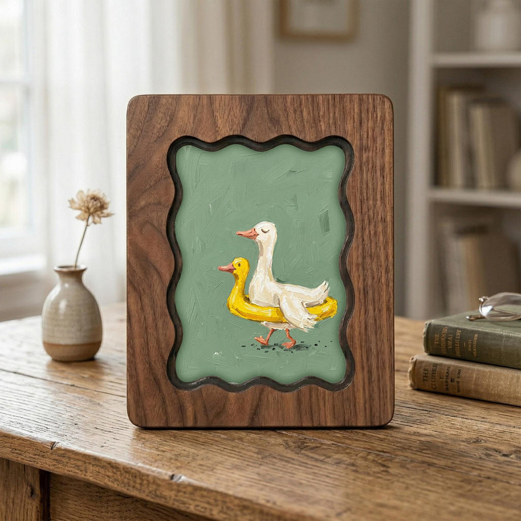 Duck Oil Painting, Scalloped Wood Frame, Wavy Frame Wall Art, Funny Goose Canvas, Duck Nursery Decor, Plywood Art Frame,Cute Animal Painting