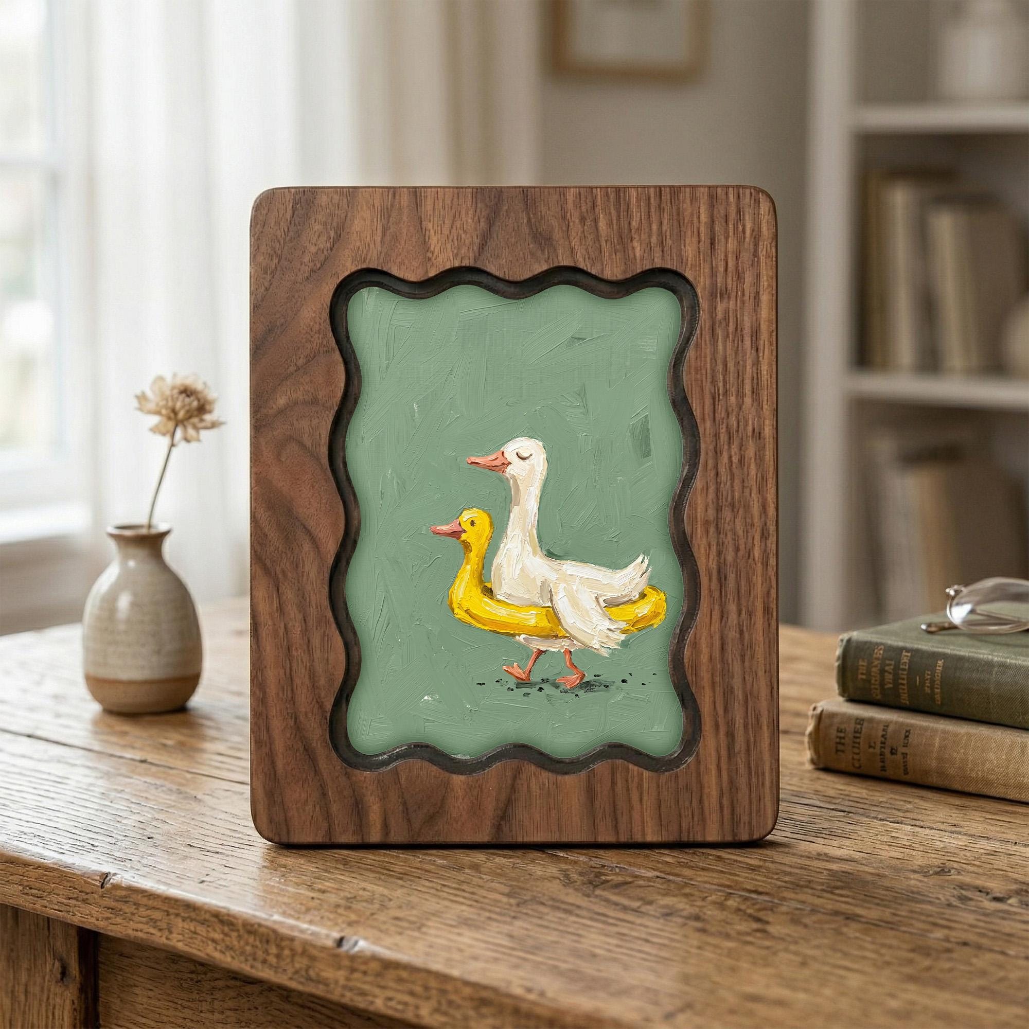 Duck Oil Painting, Scalloped Wood Frame, Wavy Frame Wall Art, Funny Goose Canvas, Duck Nursery Decor, Plywood Art Frame,Cute Animal Painting