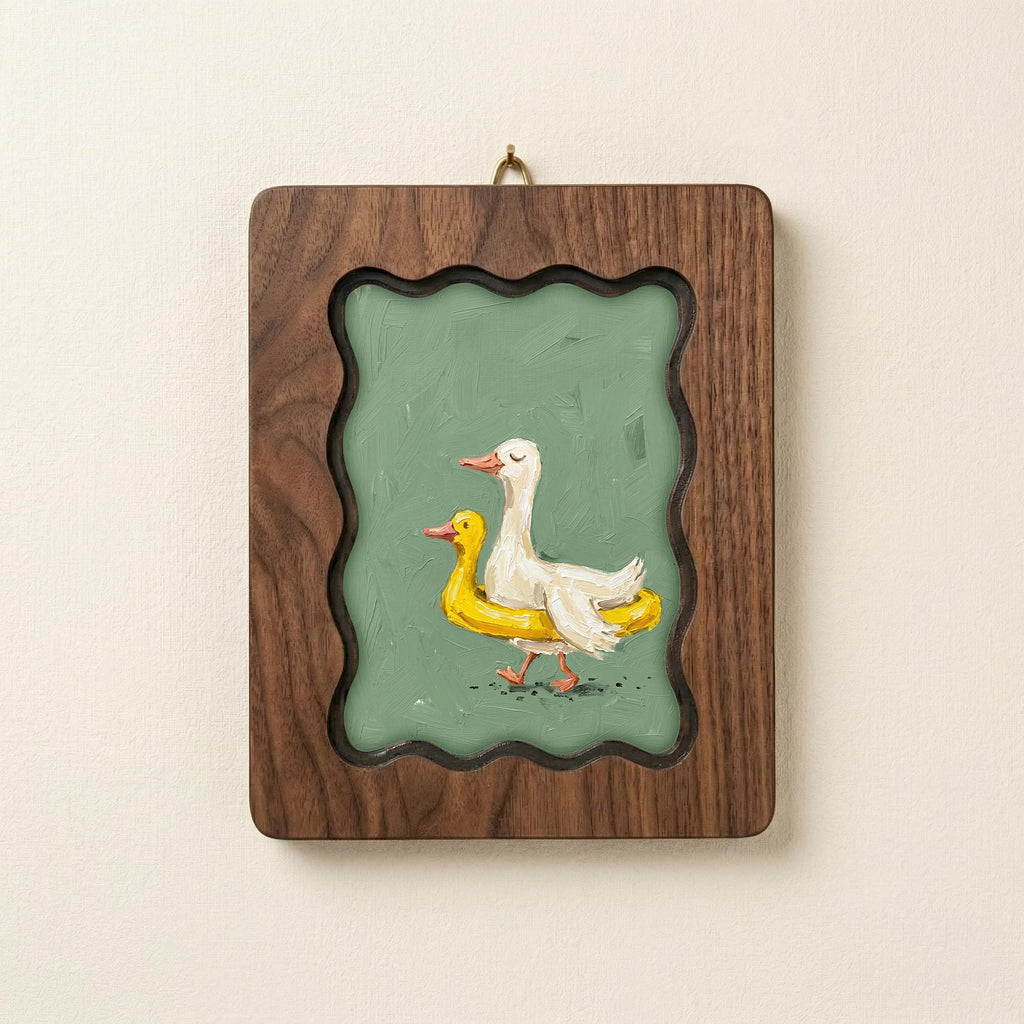 Duck Oil Painting, Scalloped Wood Frame, Wavy Frame Wall Art, Funny Goose Canvas, Duck Nursery Decor, Plywood Art Frame,Cute Animal Painting