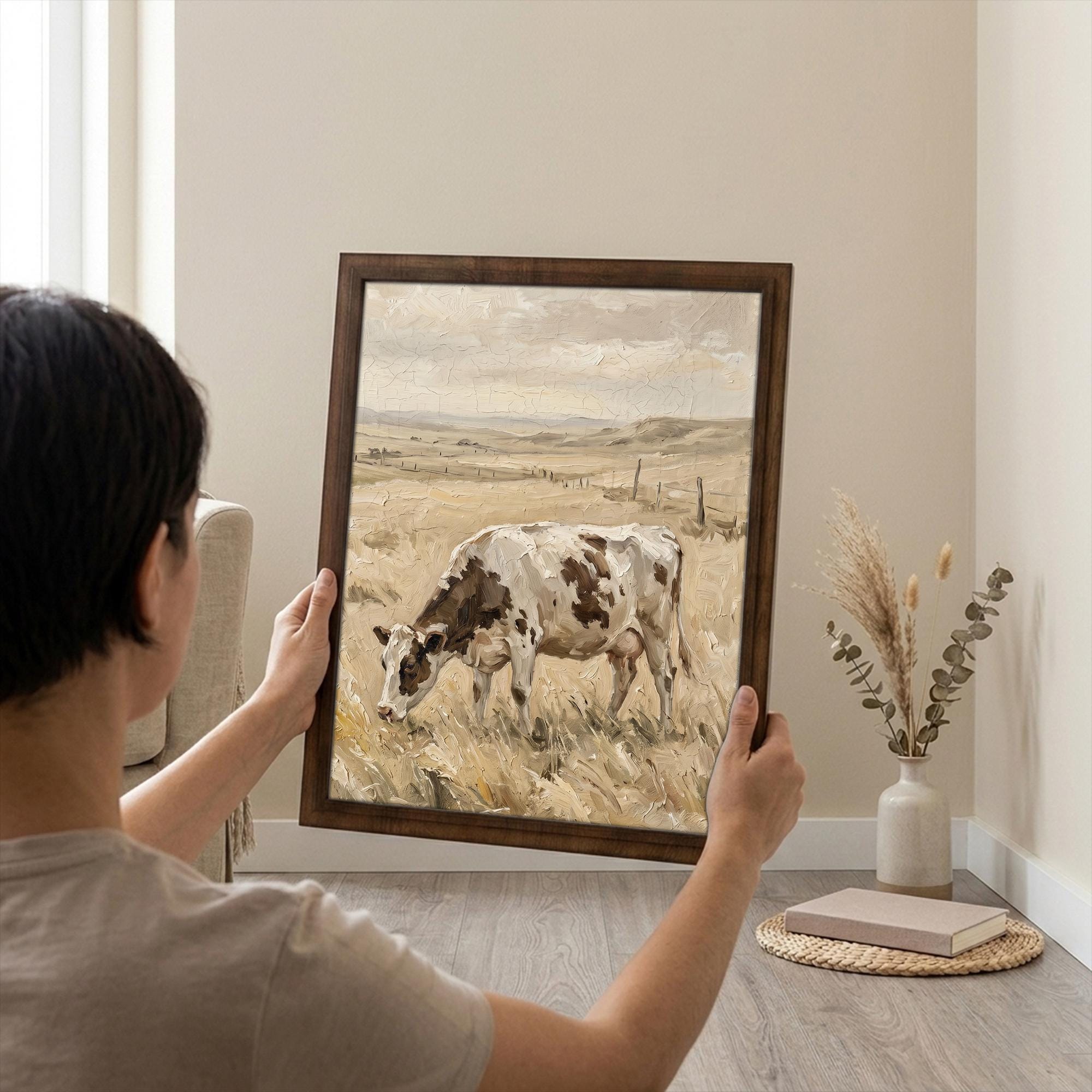 Vintage Cow Oil Painting Canvas Wood Art, Farmhouse Wall Decor, Rustic Countryside Landscape, Grazing Cow Print, Layered Wooden Framed Art
