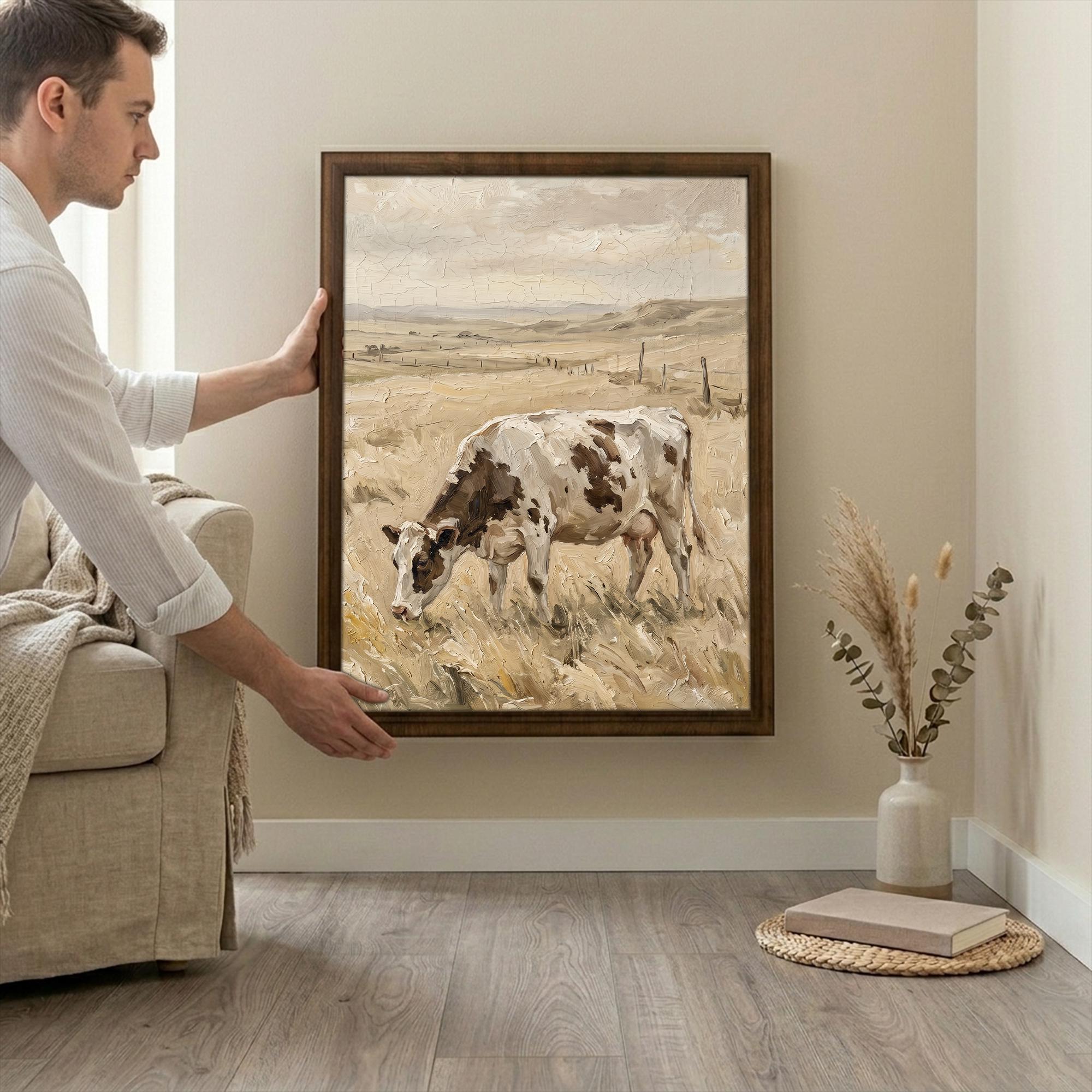 Vintage Cow Oil Painting Canvas Wood Art, Farmhouse Wall Decor, Rustic Countryside Landscape, Grazing Cow Print, Layered Wooden Framed Art