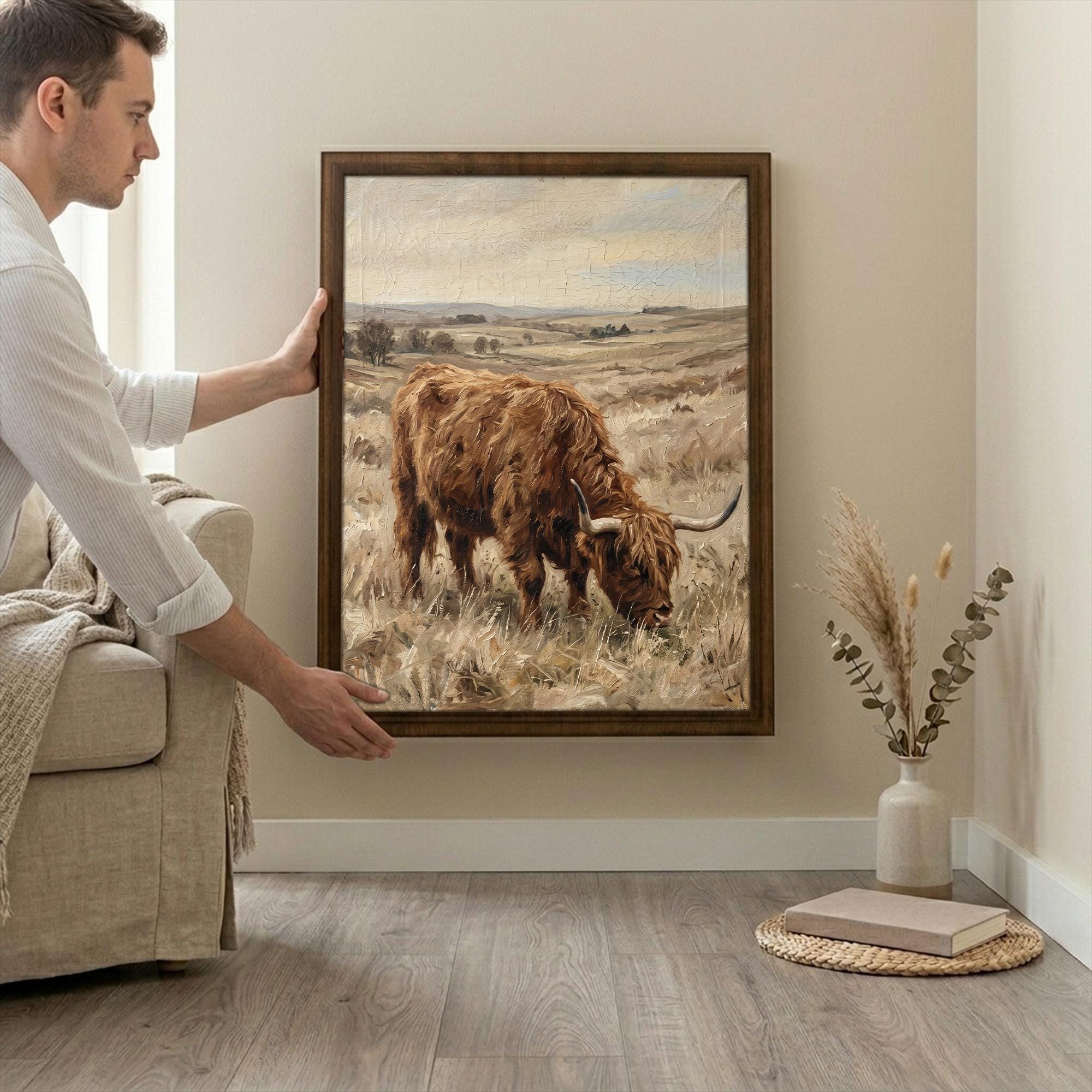 Highland Cow Vintage Oil Painting Canvas Wood Art, Farmhouse Wall Decor, Rustic Countryside Landscape, Scottish Cow Print