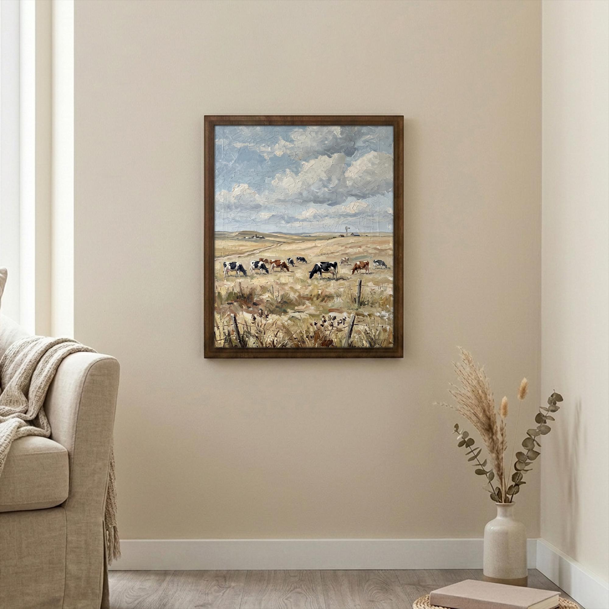 Framed Cow Oil Painting, Vintage Farmhouse Wall Art, Countryside Landscape Decor, Rustic Cow Print, Large Canvas Wood Frame, Farm Art