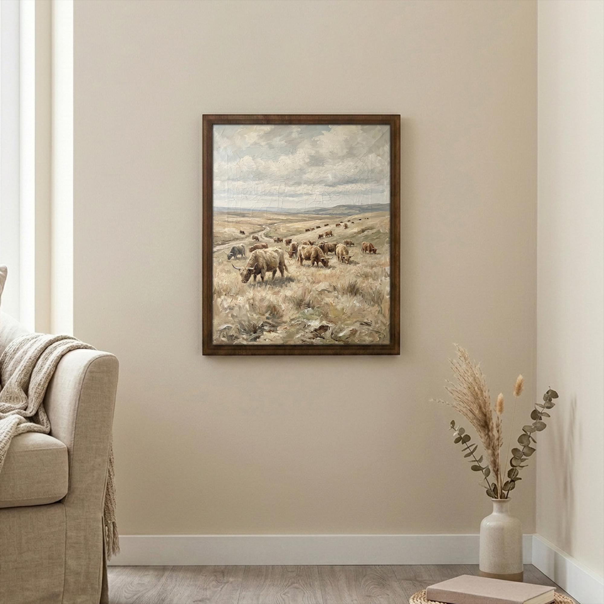 Framed Highland Cow Art, Vintage Farmhouse Decor, Scottish Cattle Painting, Rustic Field Canvas, Wood Frame Landscape Print, Country Art