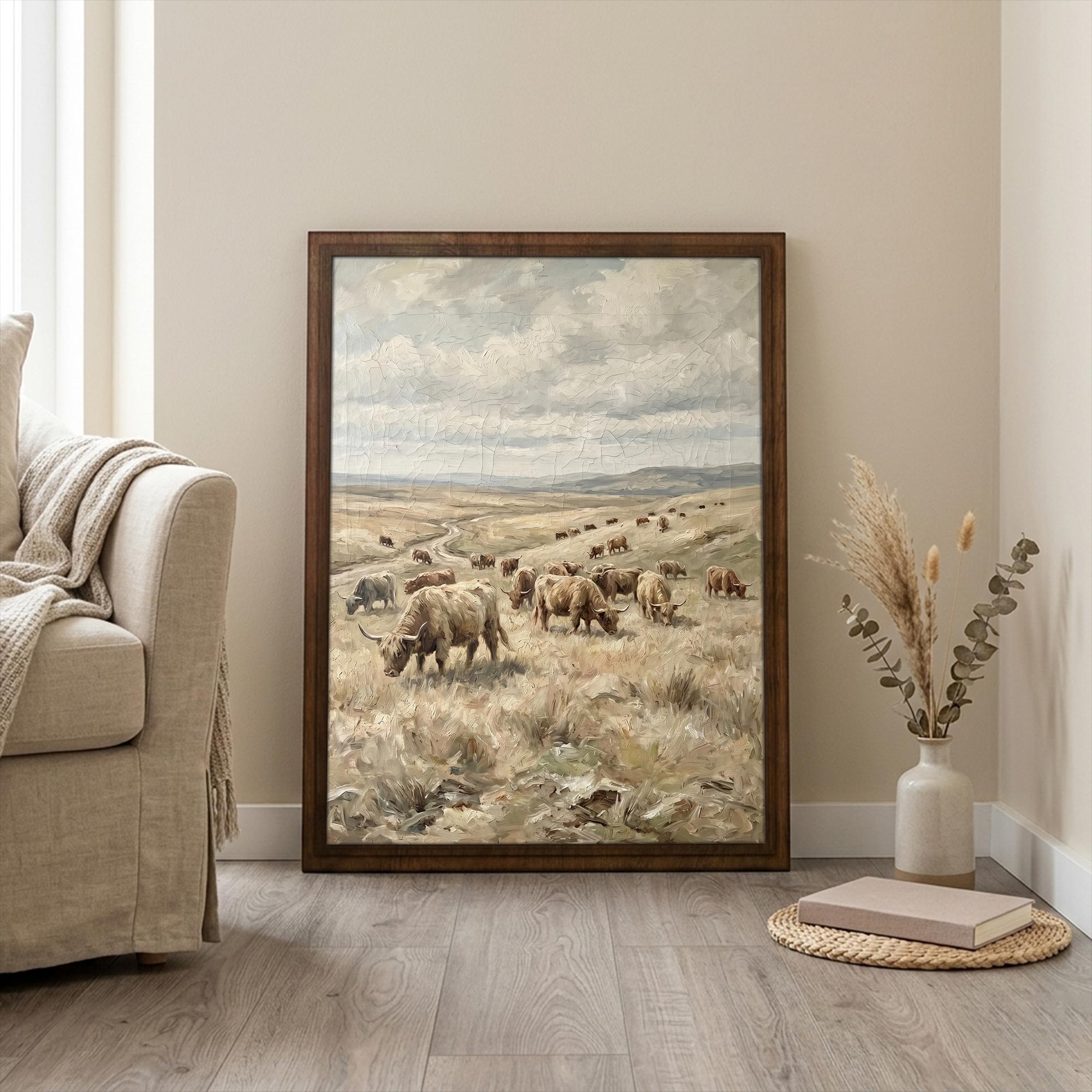 Framed Highland Cow Art, Vintage Farmhouse Decor, Scottish Cattle Painting, Rustic Field Canvas, Wood Frame Landscape Print, Country Art