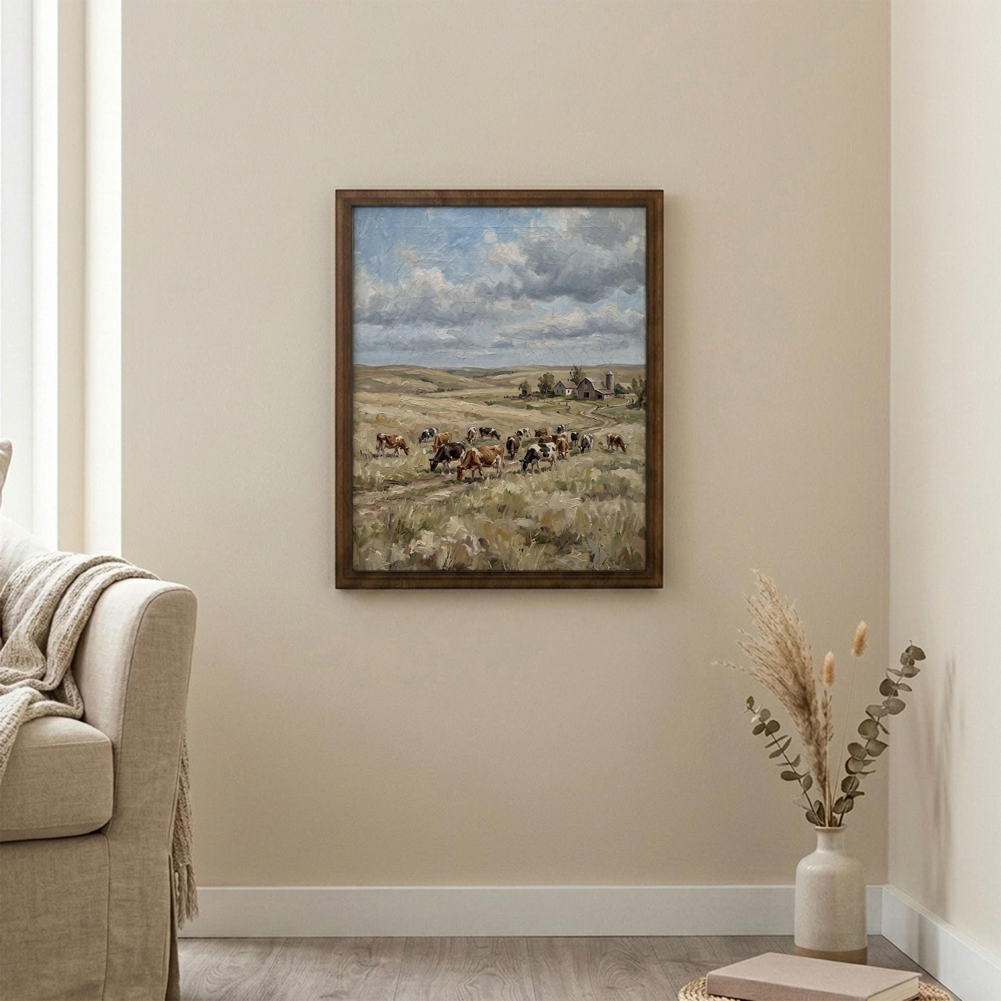 Framed Farmhouse Wall Art, Vintage Barn Oil Painting, Countryside Landscape Decor, Cow Pasture Canvas, Rustic Farm Print, Wood Frame Art