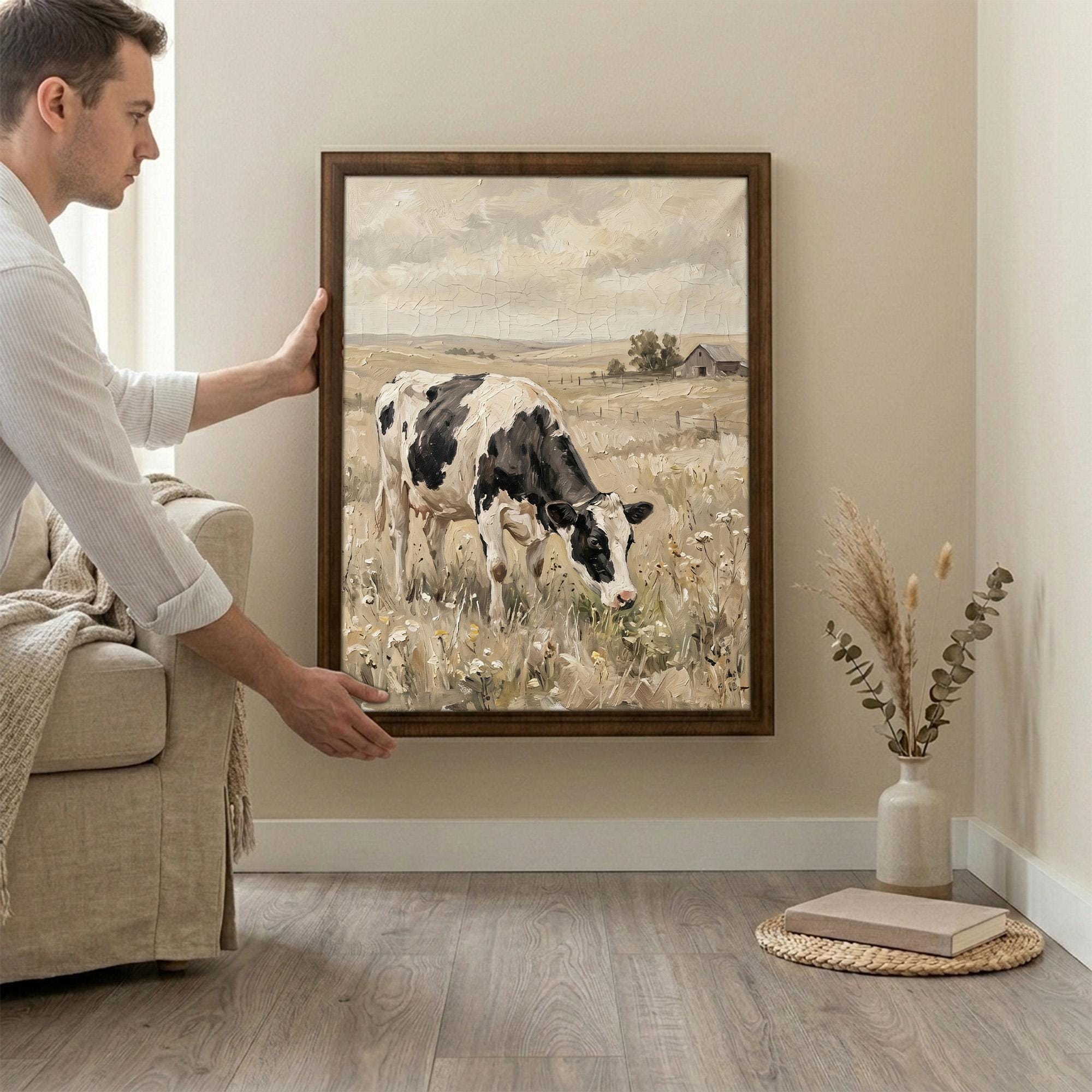 Framed Holstein Cow Art, Vintage Farmhouse Decor, Black White Cow Painting, Rustic Meadow Canvas, Wood Frame Country Print, Barn Art