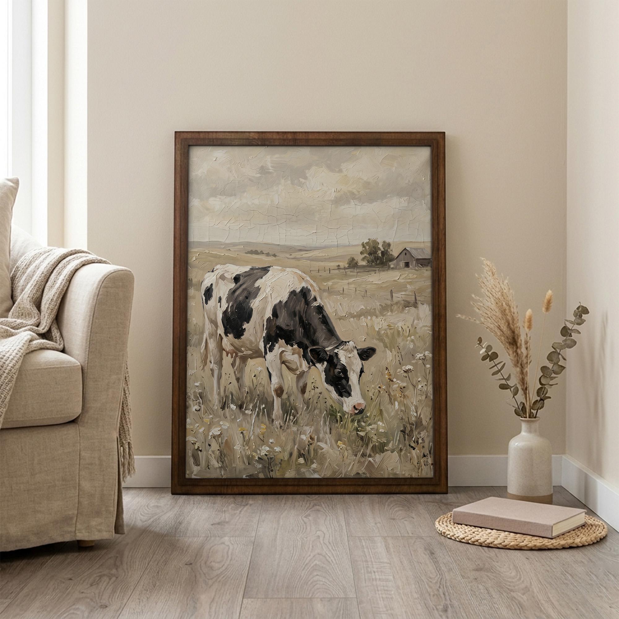 Framed Holstein Cow Art, Vintage Farmhouse Decor, Black White Cow Painting, Rustic Meadow Canvas, Wood Frame Country Print, Barn Art
