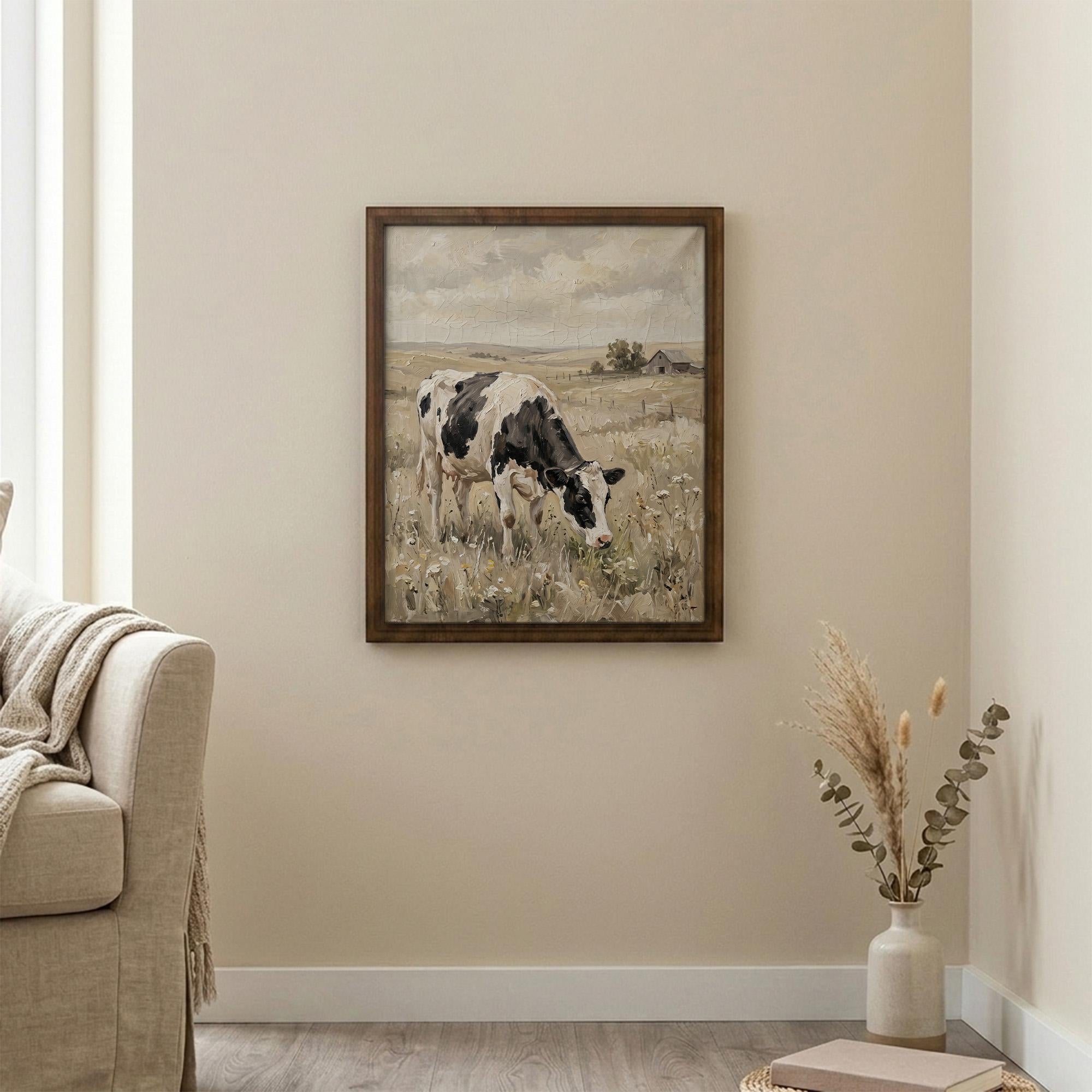 Framed Holstein Cow Art, Vintage Farmhouse Decor, Black White Cow Painting, Rustic Meadow Canvas, Wood Frame Country Print, Barn Art
