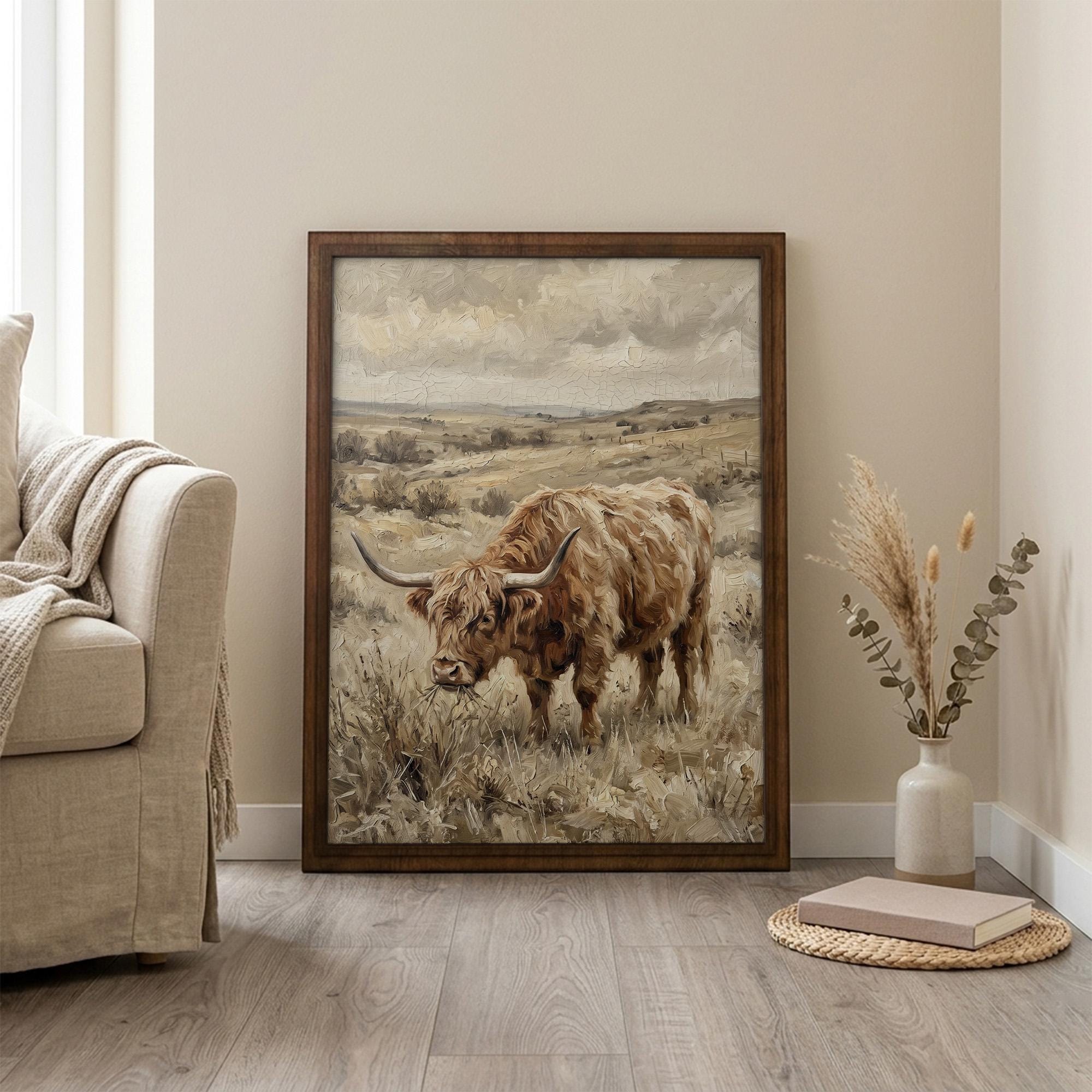 Framed Highland Cow Art, Vintage Farmhouse Decor, Scottish Cattle Painting, Rustic Wildlife Canvas, Wood Frame Country Print, Western Art