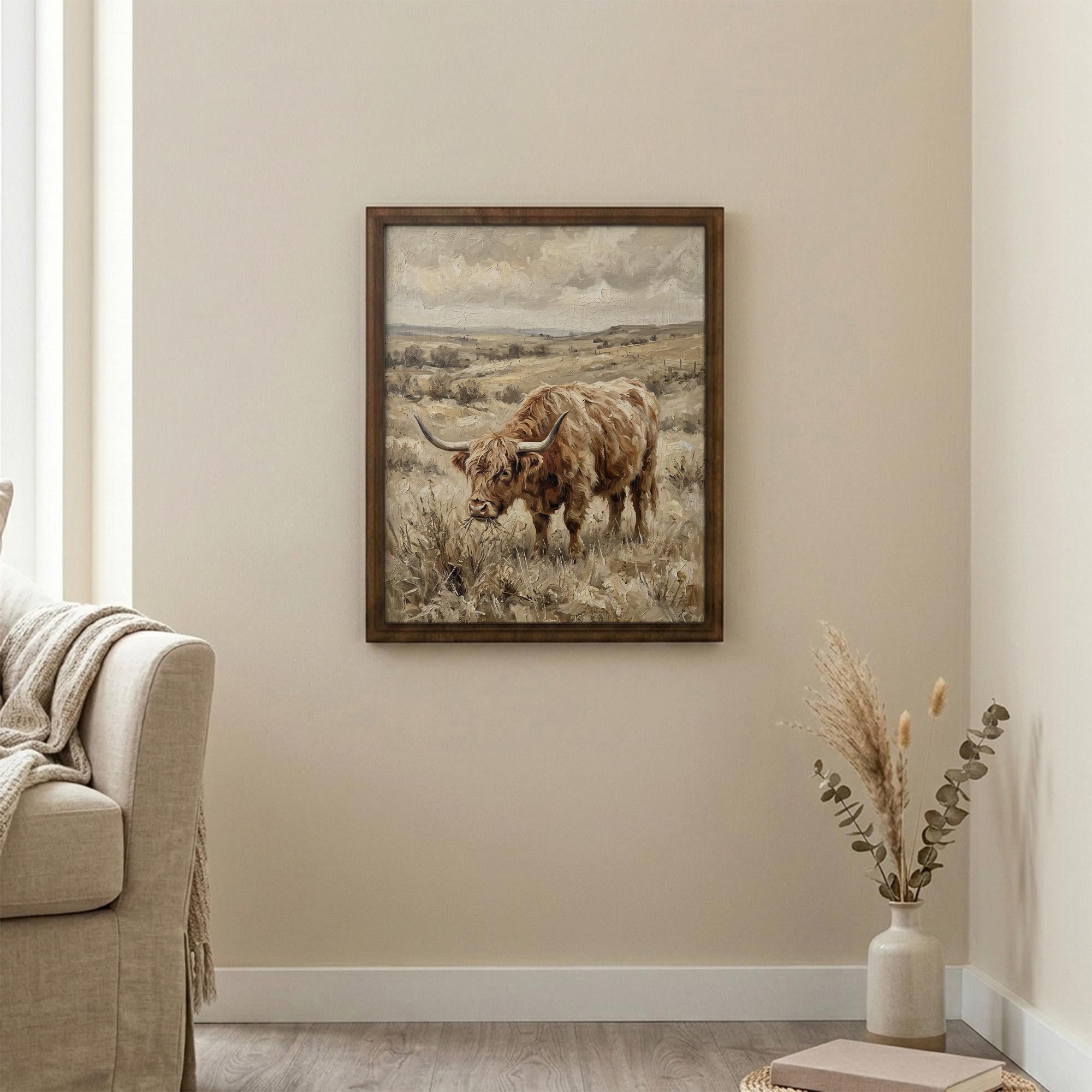 Framed Highland Cow Art, Vintage Farmhouse Decor, Scottish Cattle Painting, Rustic Wildlife Canvas, Wood Frame Country Print, Western Art