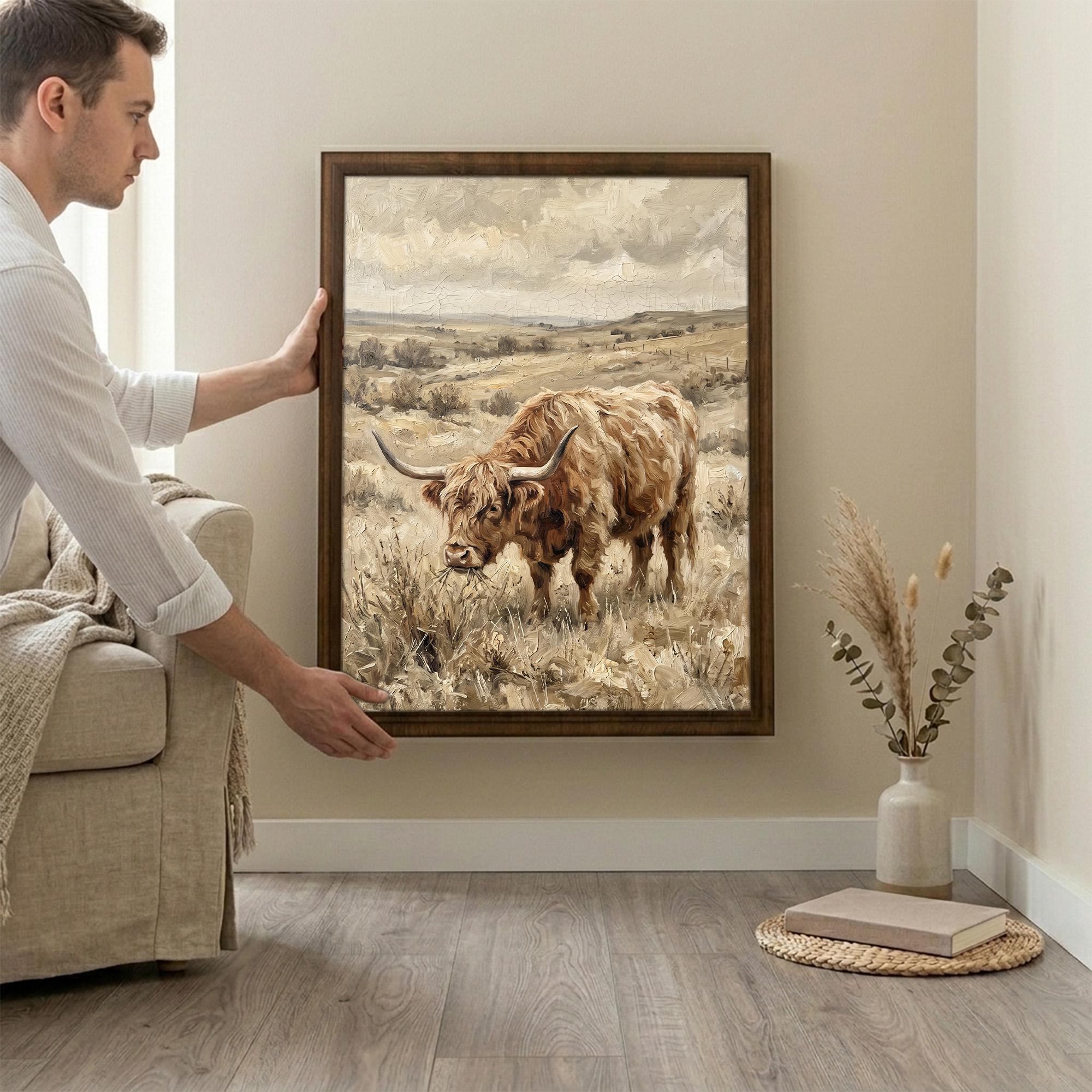 Framed Highland Cow Art, Vintage Farmhouse Decor, Scottish Cattle Painting, Rustic Wildlife Canvas, Wood Frame Country Print, Western Art