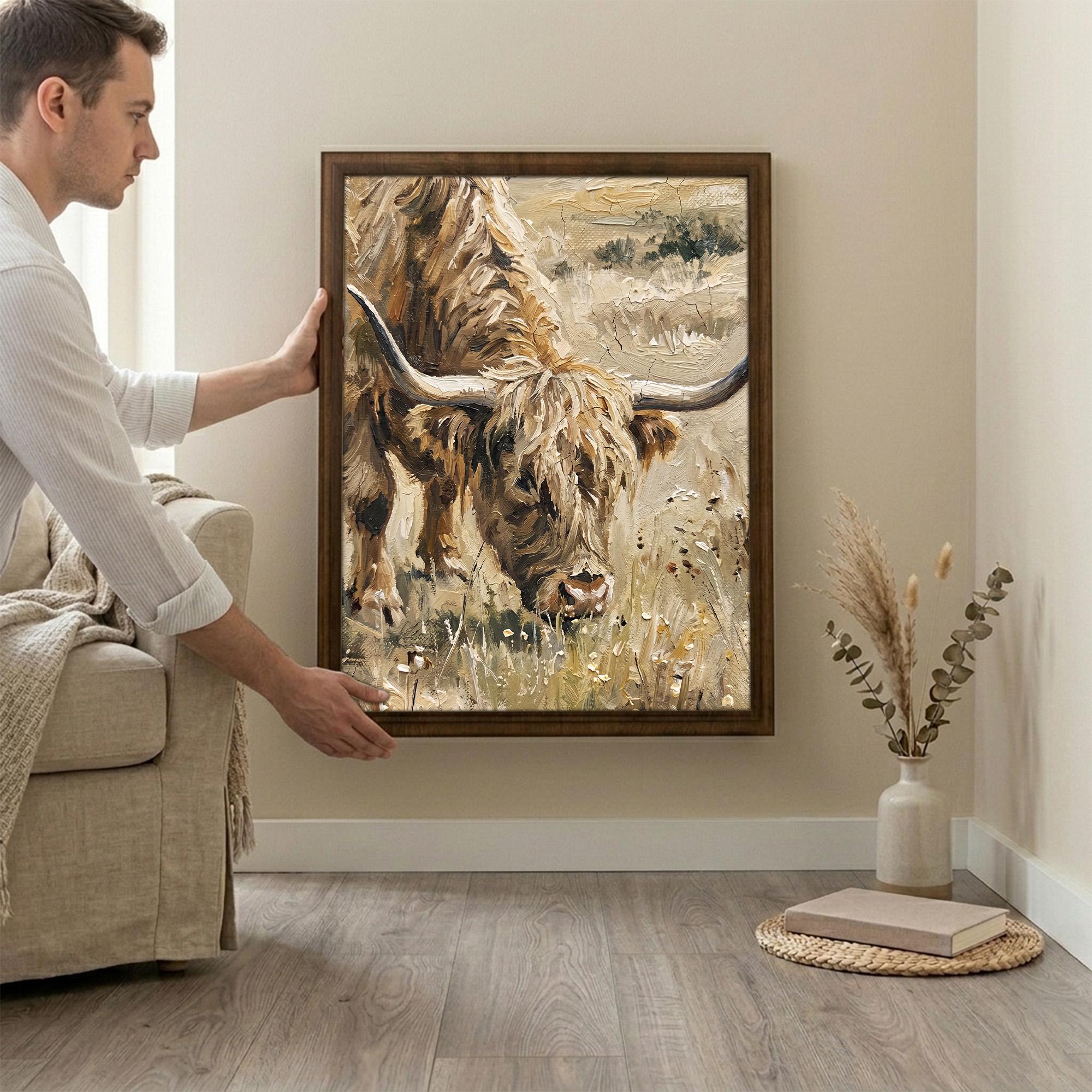 Highland Cow Oil Painting, Vintage Farmhouse Decor, Scottish Cattle Wall Art, Textured Canvas Print, Rustic Animal Poster, Wood Framed