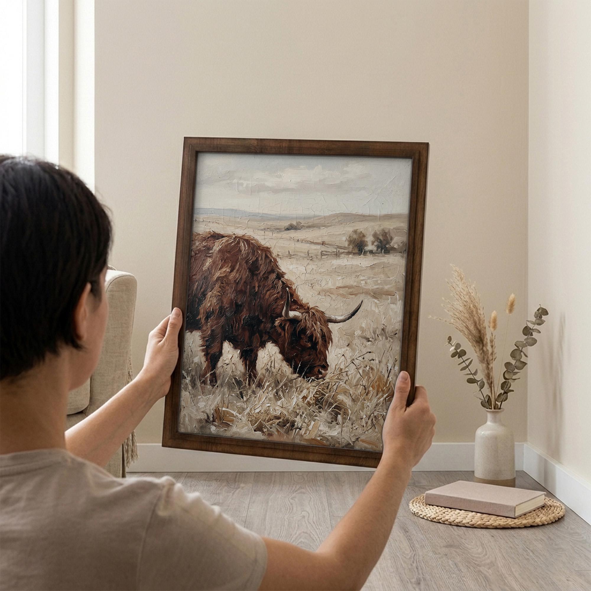 Framed Highland Cow Art, Vintage Farmhouse Decor, Scottish Cattle Painting, Rustic Meadow Canvas, Wood Frame Country Print, Western Decor