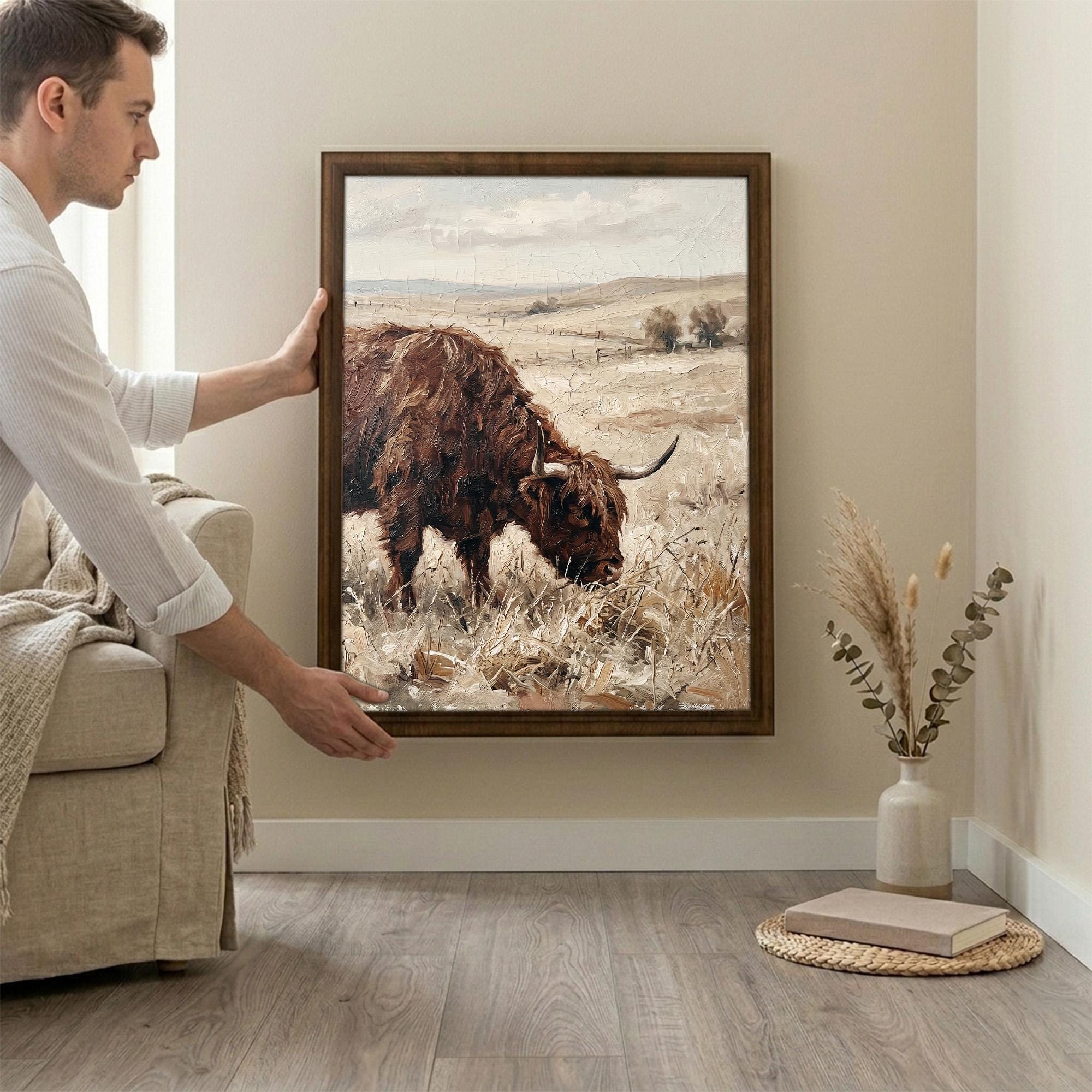 Framed Highland Cow Art, Vintage Farmhouse Decor, Scottish Cattle Painting, Rustic Meadow Canvas, Wood Frame Country Print, Western Decor