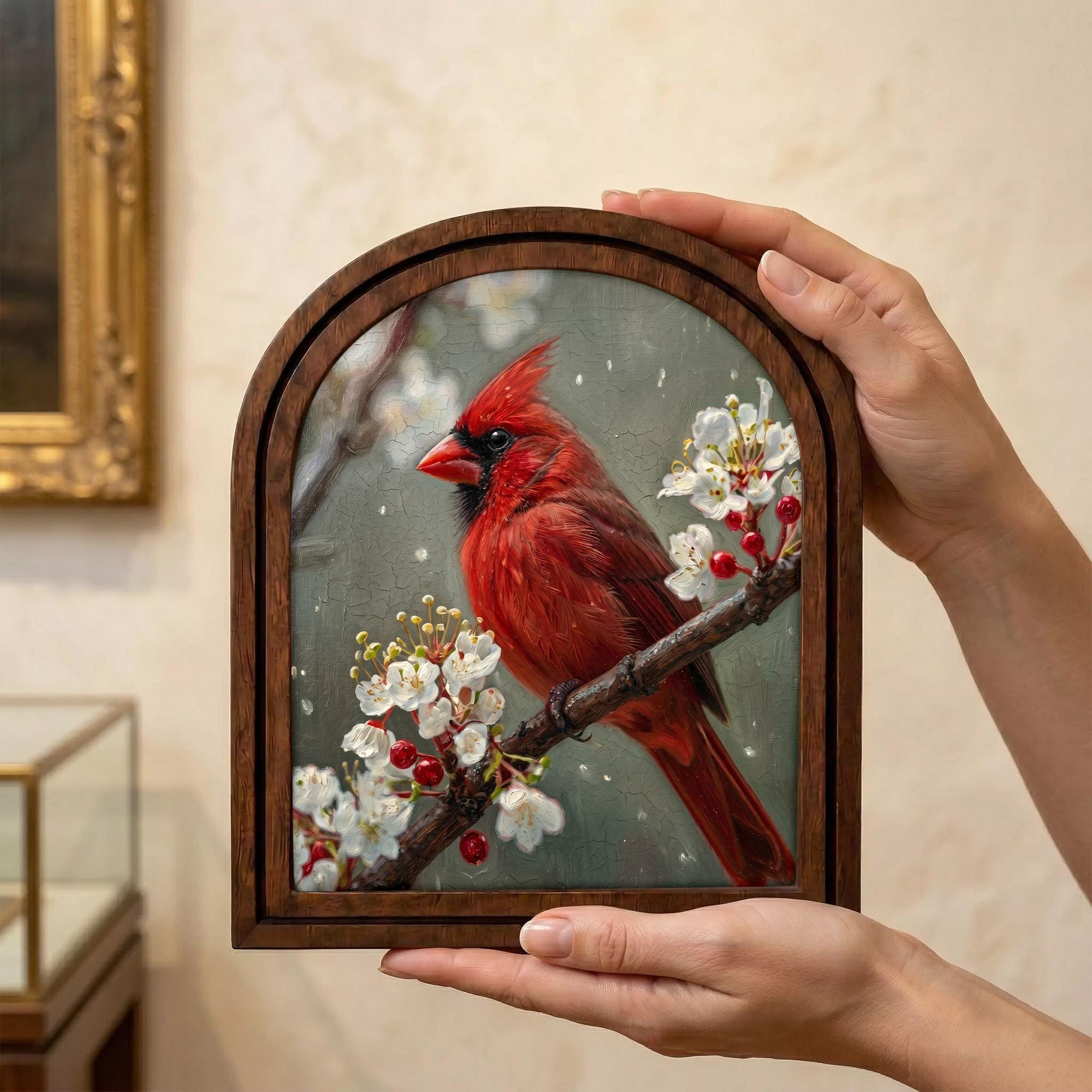 Red Cardinal Oil Painting, Arch Wooden Framed Art, Memorial Bird Decor, Vintage Wildlife Wall Art, Winter Farmhouse Decor, Christmas Gift