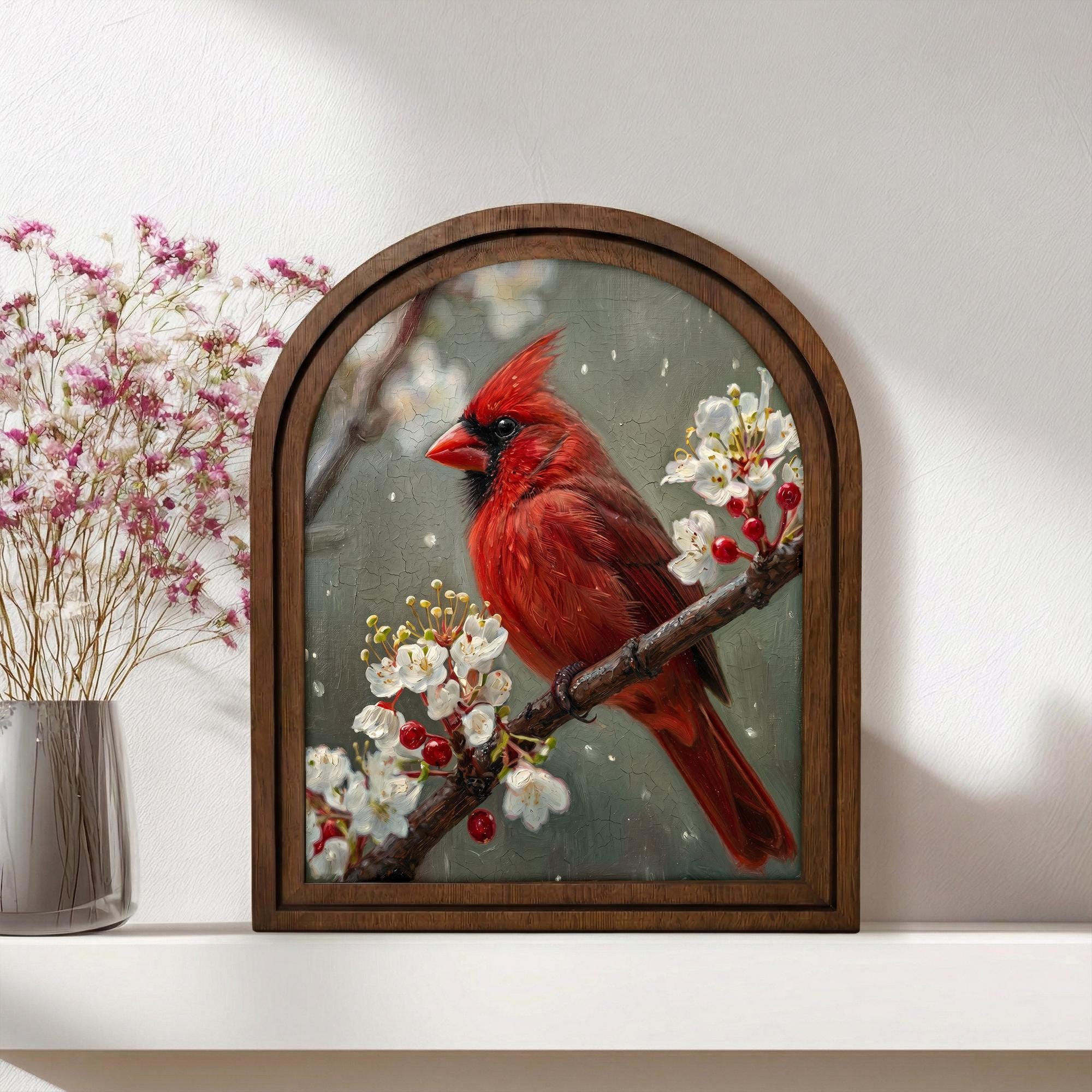 Red Cardinal Oil Painting, Arch Wooden Framed Art, Memorial Bird Decor, Vintage Wildlife Wall Art, Winter Farmhouse Decor, Christmas Gift