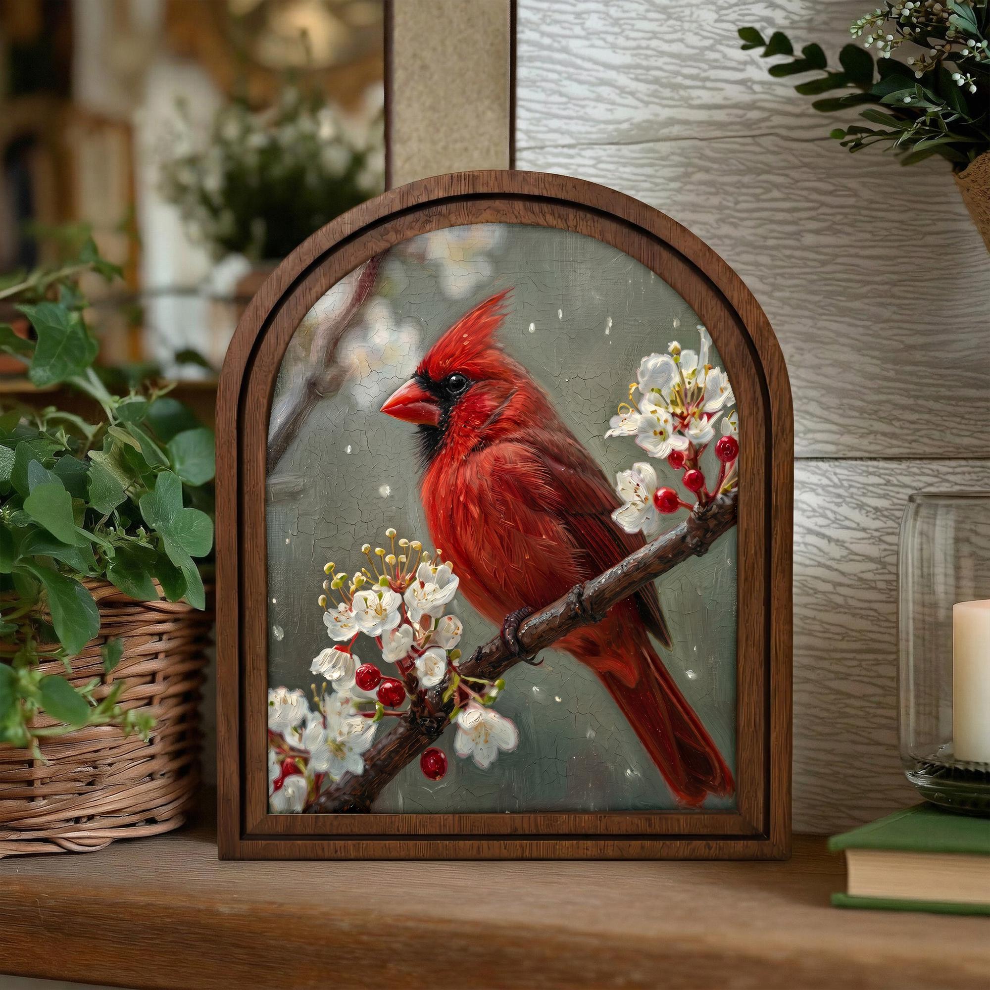 Red Cardinal Oil Painting, Arch Wooden Framed Art, Memorial Bird Decor, Vintage Wildlife Wall Art, Winter Farmhouse Decor, Christmas Gift