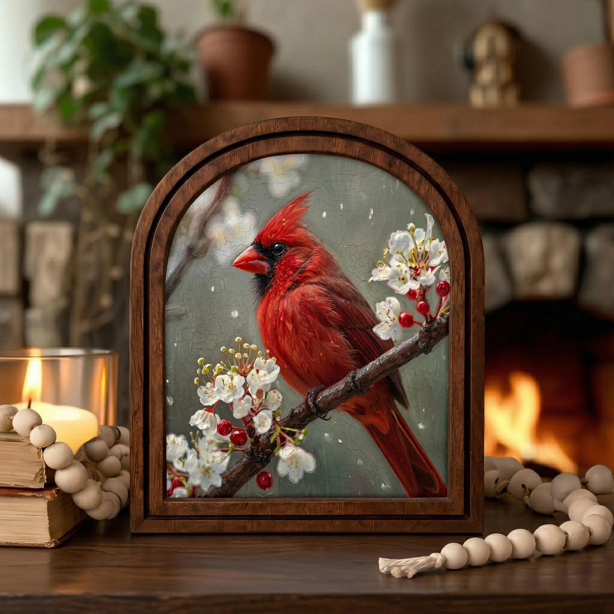 Red Cardinal Oil Painting, Arch Wooden Framed Art, Memorial Bird Decor, Vintage Wildlife Wall Art, Winter Farmhouse Decor, Christmas Gift