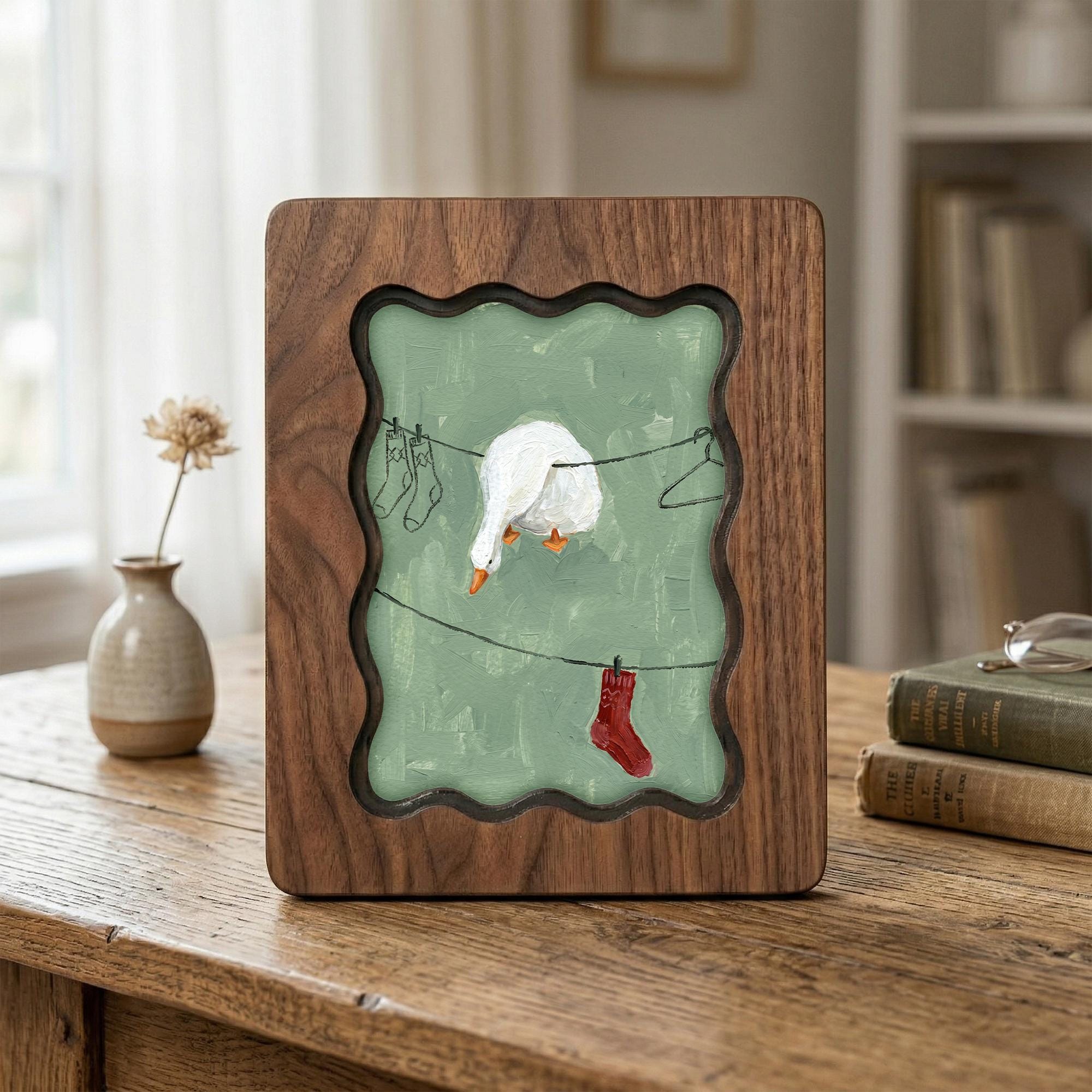 Funny Laundry Room Decor, Wavy Wooden Framed Art, Scalloped Frame Decor, Goose on Clothesline Painting, Quirky White Duck Art, Gift