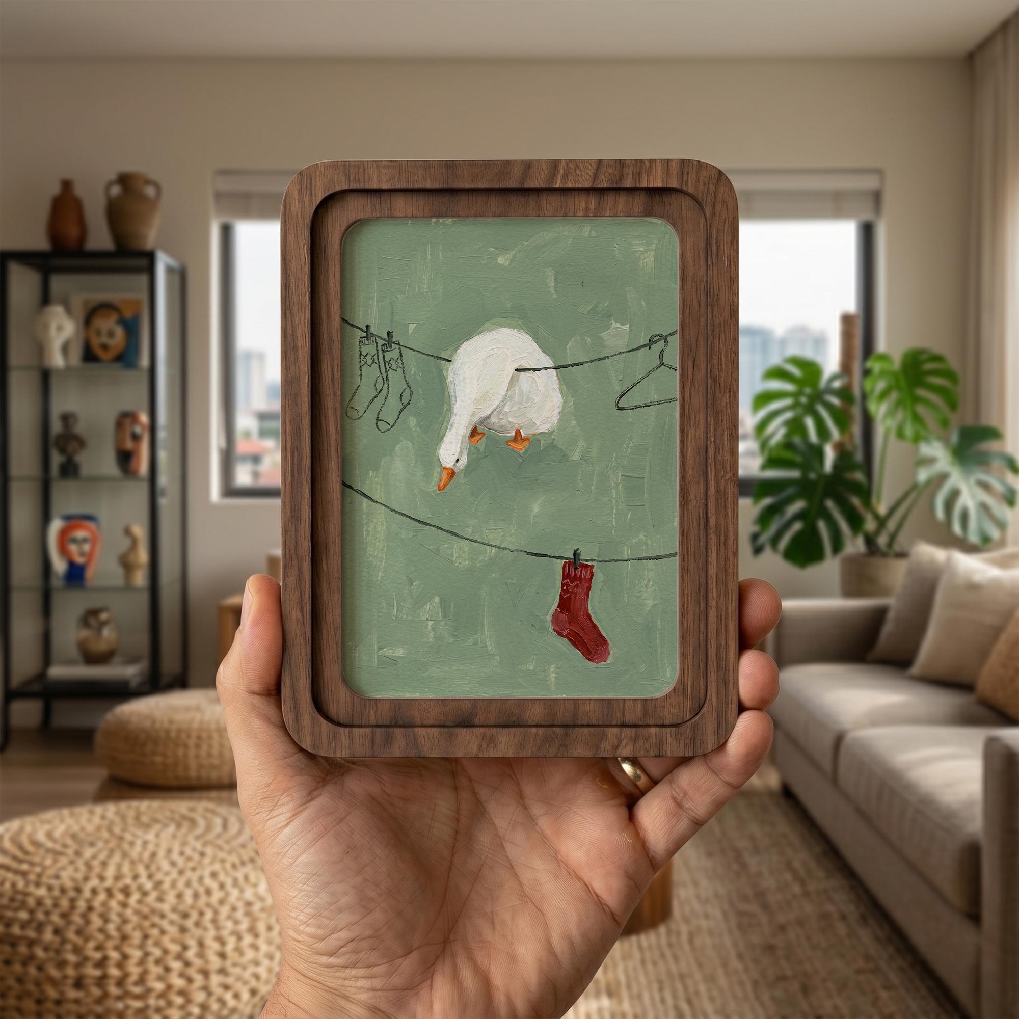 Funny Laundry Room Decor, Rounded Wood Framed Art, Goose on Clothesline Painting, Cute White Duck Art, Quirky Animal Picture, Wall Gift