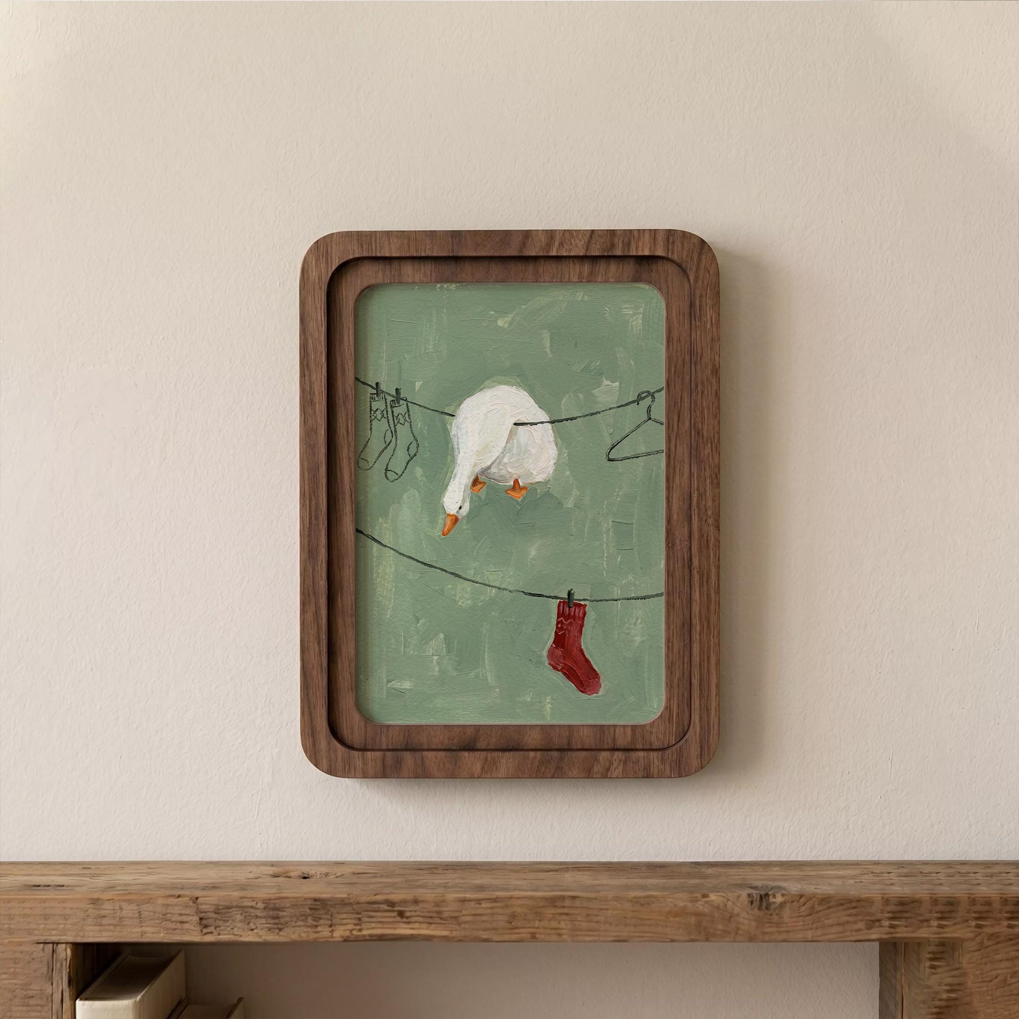 Funny Laundry Room Decor, Rounded Wood Framed Art, Goose on Clothesline Painting, Cute White Duck Art, Quirky Animal Picture, Wall Gift
