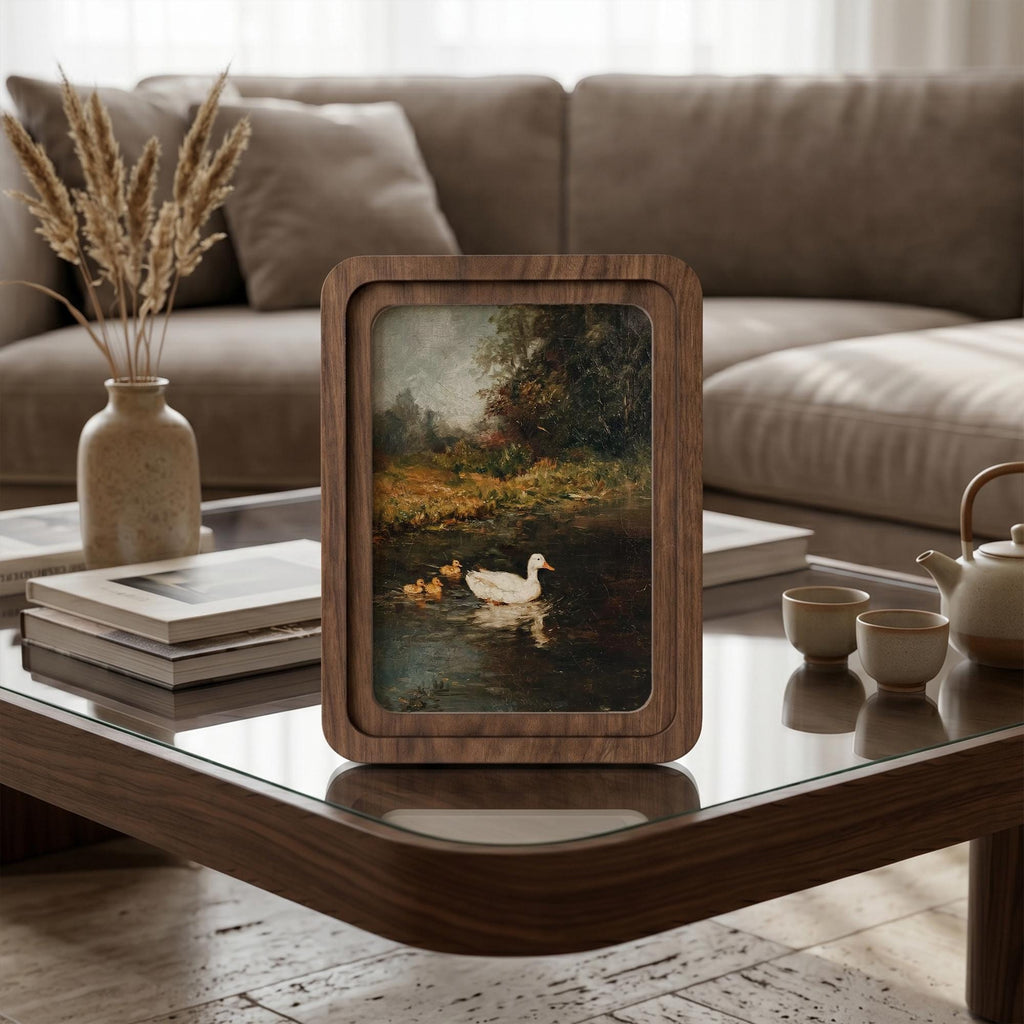 Vintage Duck Painting, Rounded Wood Framed Art, Country Pond Landscape, Moody Nature Wall Art, Antique Duck Decor, Farmhouse Shelf Decor
