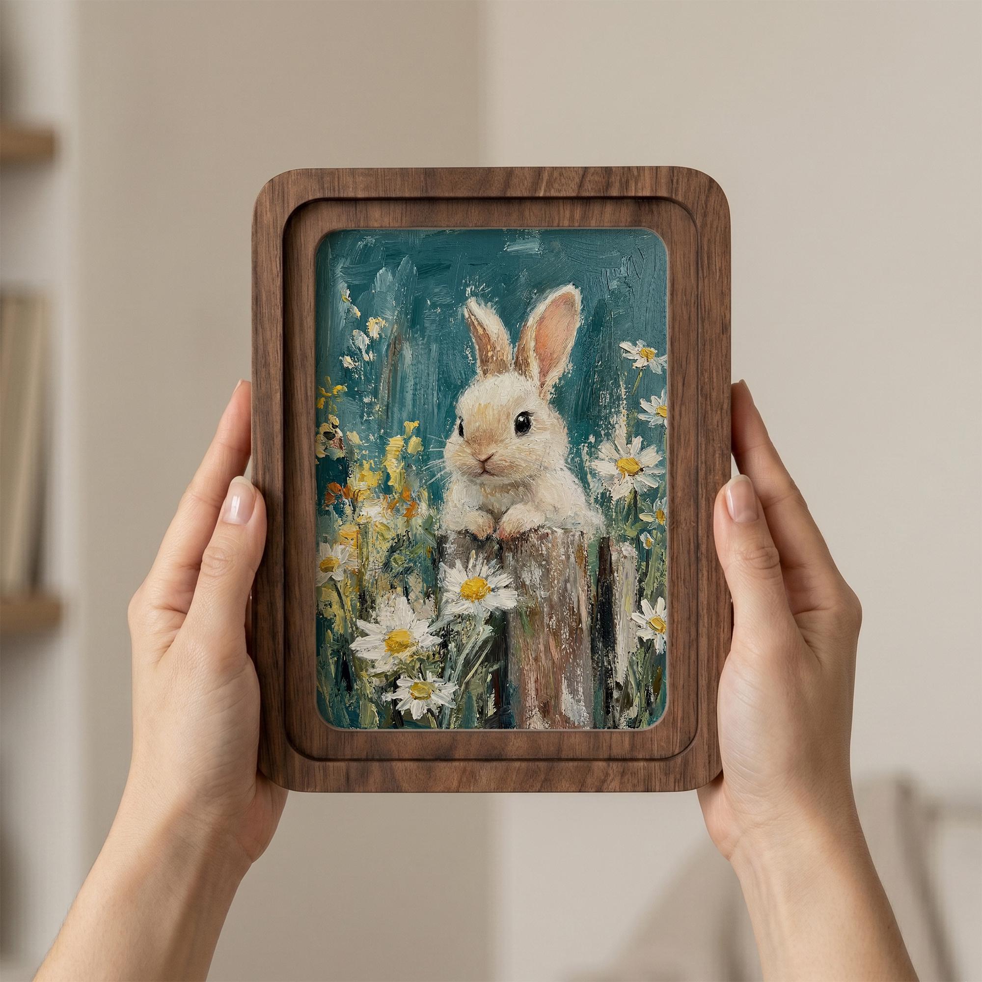 Cute Bunny Oil Painting, Rounded Wood Framed Art, Daisy Flower Wall Art, Cottagecore Rabbit Decor, Nursery Animal Picture, Shelf Styling