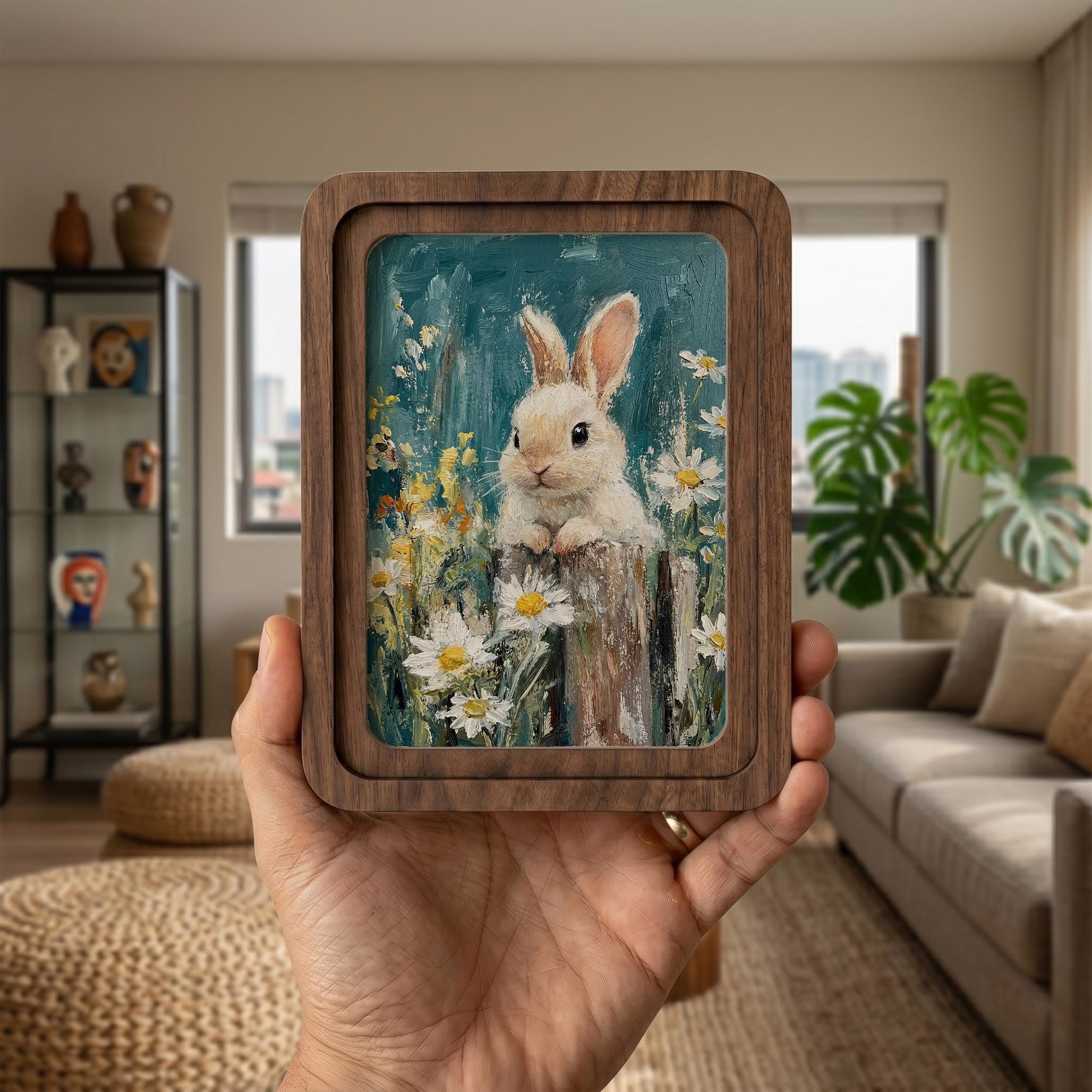 Cute Bunny Oil Painting, Rounded Wood Framed Art, Daisy Flower Wall Art, Cottagecore Rabbit Decor, Nursery Animal Picture, Shelf Styling
