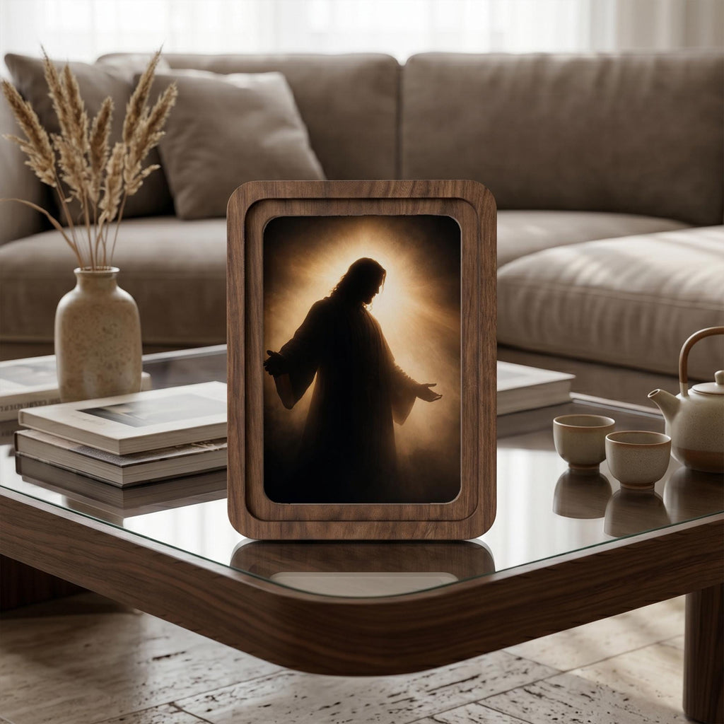Jesus Christ Painting, Rounded Wood Framed Art, Christian Wall Art, Silhouette Jesus Picture, Religious Home Decor, Scripture Shelf Decor