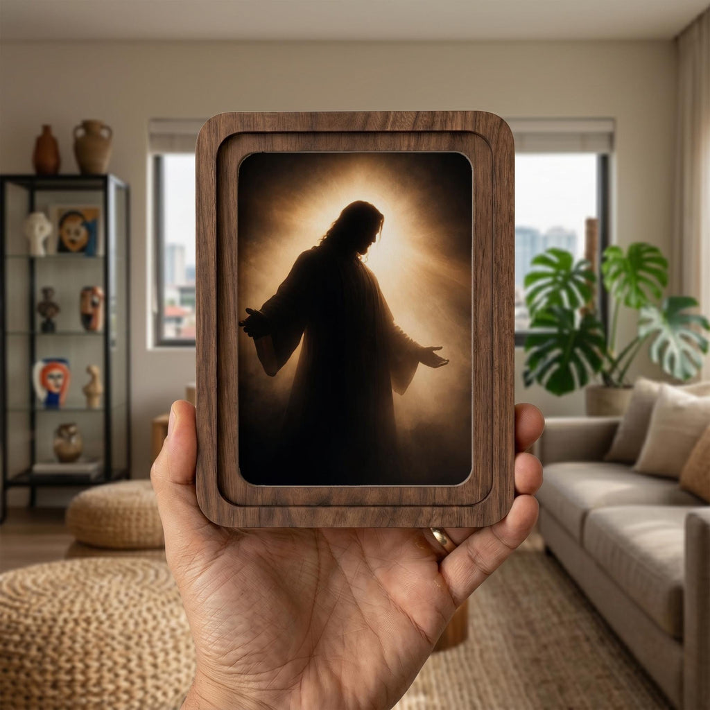 Jesus Christ Painting, Rounded Wood Framed Art, Christian Wall Art, Silhouette Jesus Picture, Religious Home Decor, Scripture Shelf Decor