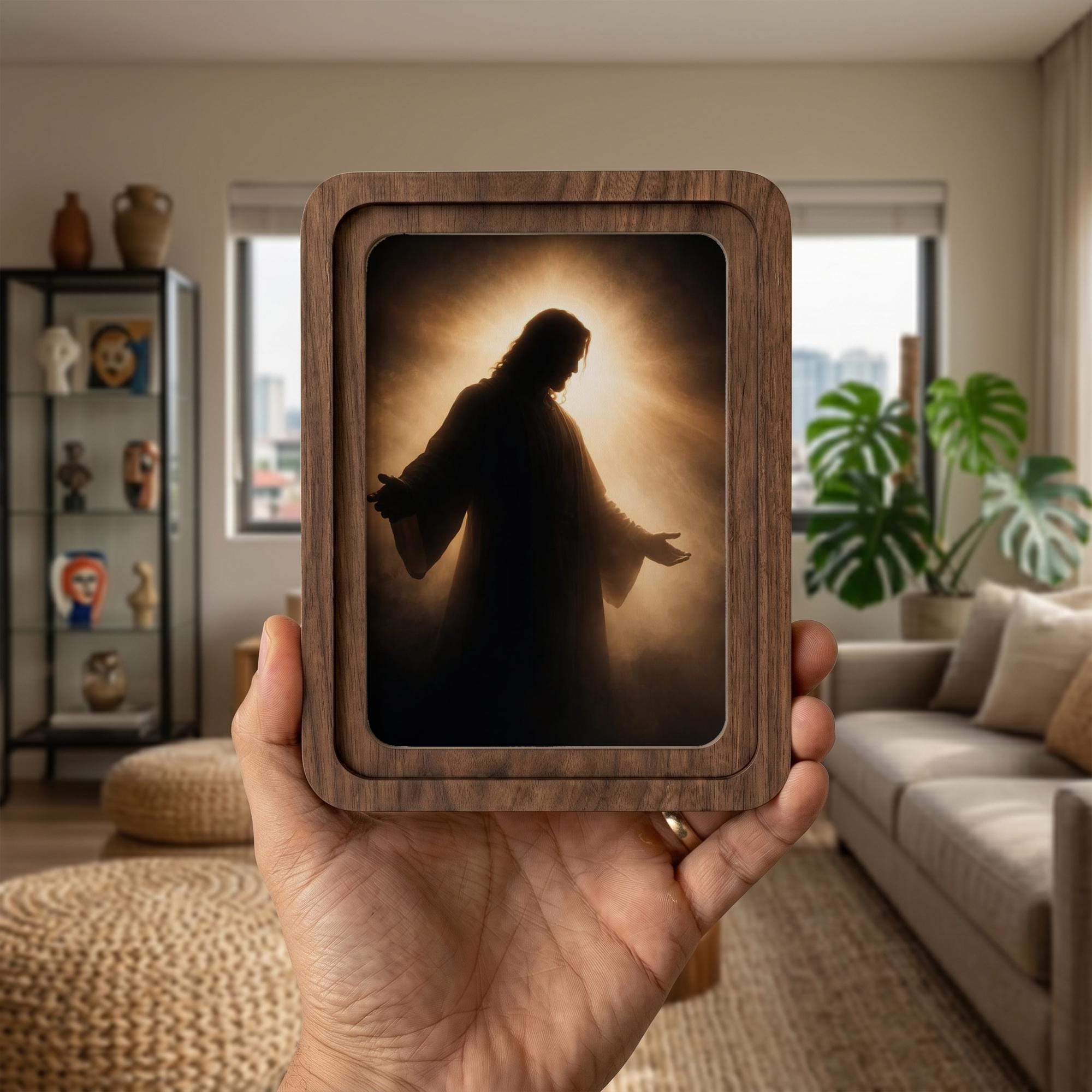 Jesus Christ Painting, Rounded Wood Framed Art, Christian Wall Art, Silhouette Jesus Picture, Religious Home Decor, Scripture Shelf Decor