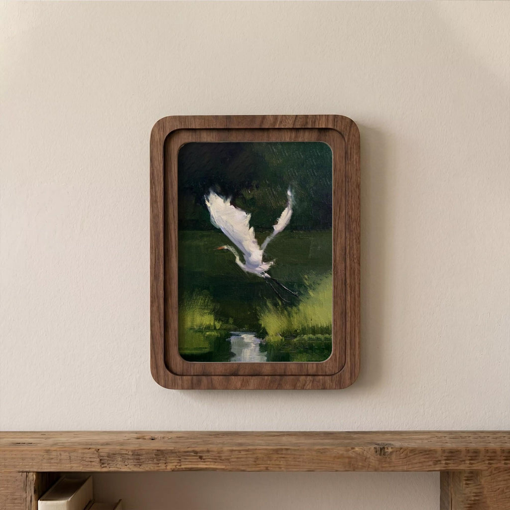 White Egret Oil Painting, Rounded Wood Framed Art, Flying Heron Wall Art, Moody Nature Decor, Vintage Wildlife Painting, Farmhouse Art