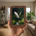 White Egret Oil Painting, Rounded Wood Framed Art, Flying Heron Wall Art, Moody Nature Decor, Vintage Wildlife Painting, Farmhouse Art
