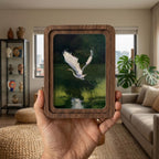 White Egret Oil Painting, Rounded Wood Framed Art, Flying Heron Wall Art, Moody Nature Decor, Vintage Wildlife Painting, Farmhouse Art