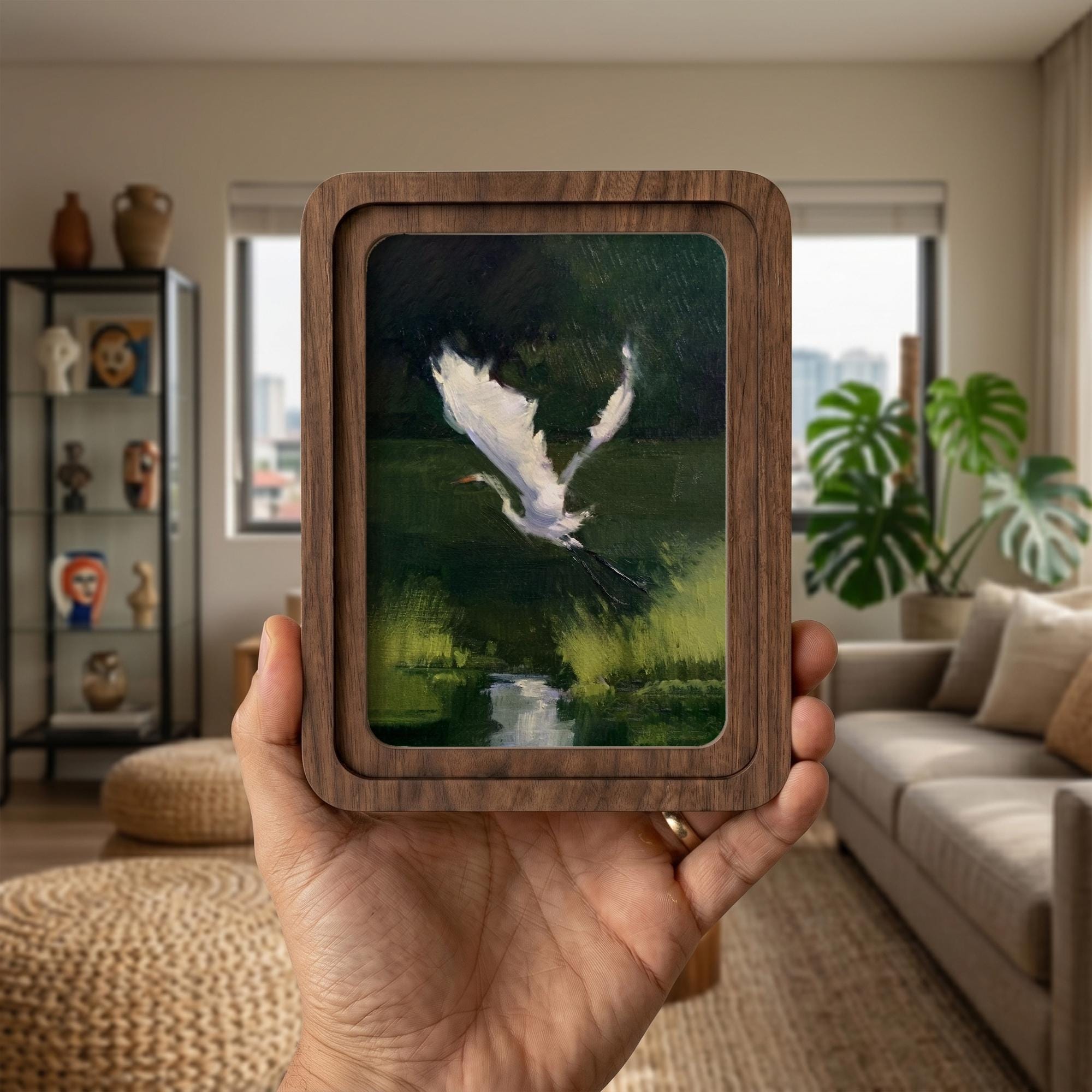 White Egret Oil Painting, Rounded Wood Framed Art, Flying Heron Wall Art, Moody Nature Decor, Vintage Wildlife Painting, Farmhouse Art