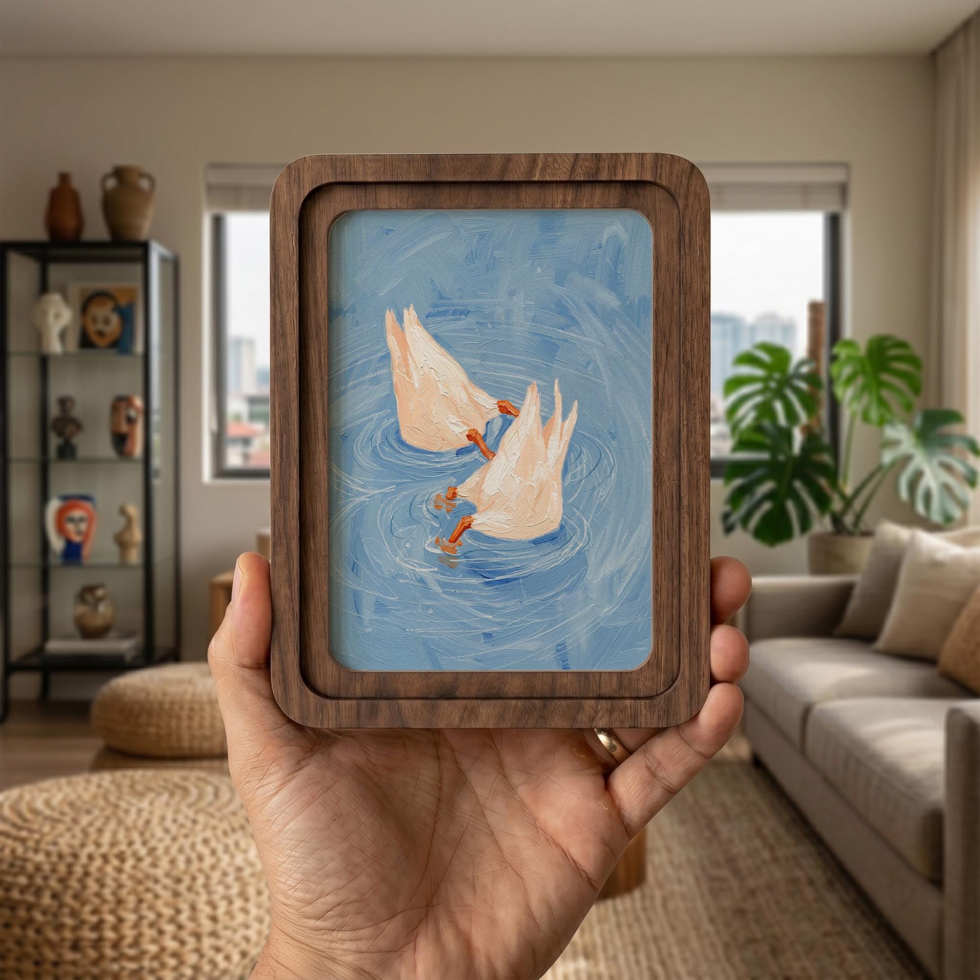 Duck Butt Oil Painting, Rounded Wood Framed Art, Cute Duck Decor, Cottagecore Wall Art, Farmhouse Shelf Decor, Miniature Painting, Gift