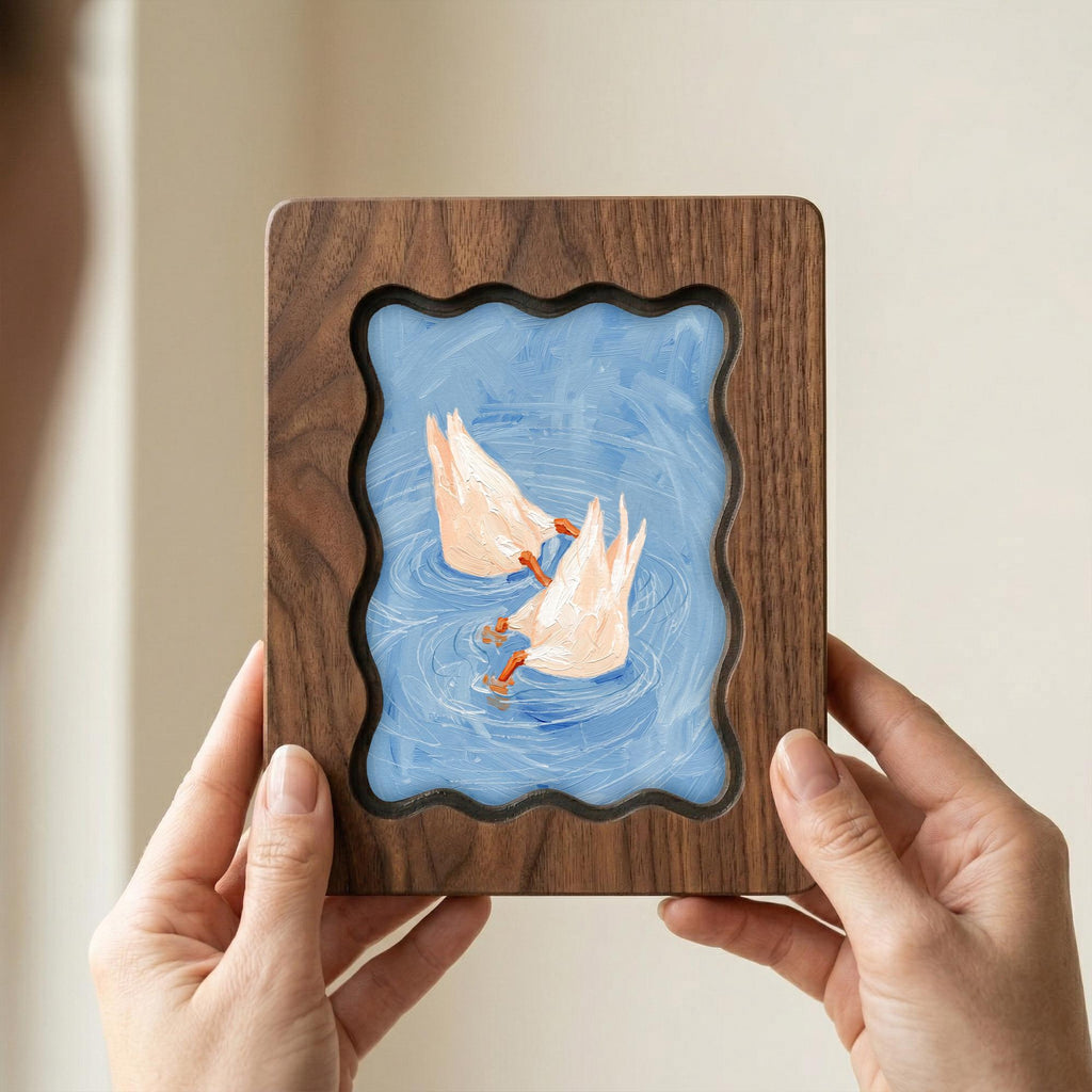 Duck Butt Oil Painting, Wavy Wooden Framed Art, Scalloped Frame Decor, Cute Duck Painting, Cottagecore Wall Art, Farmhouse Shelf Decor