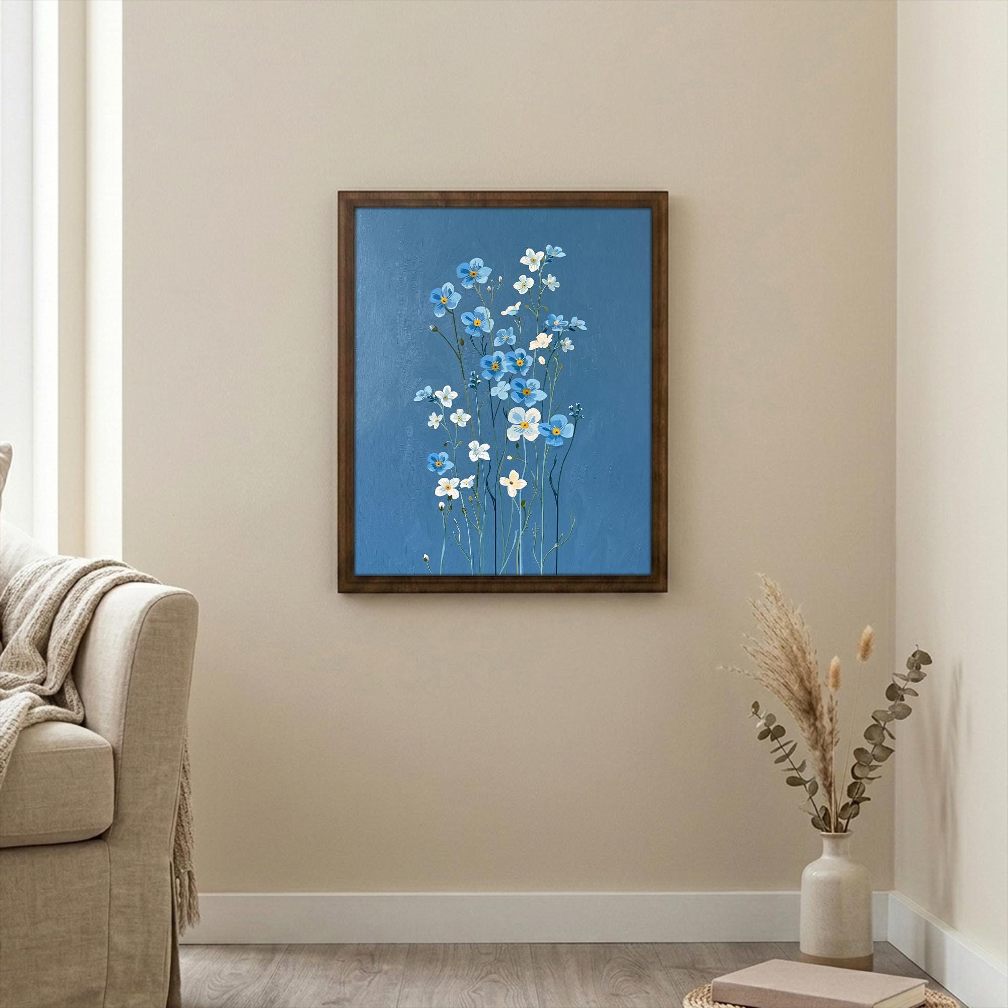 Floral Wall Art, Wood Picture Frame, Blue Flower Decor, 3D Layered Wood Sign, Flower Canvas Art, Wildflower Print, Cottagecore Home Decor