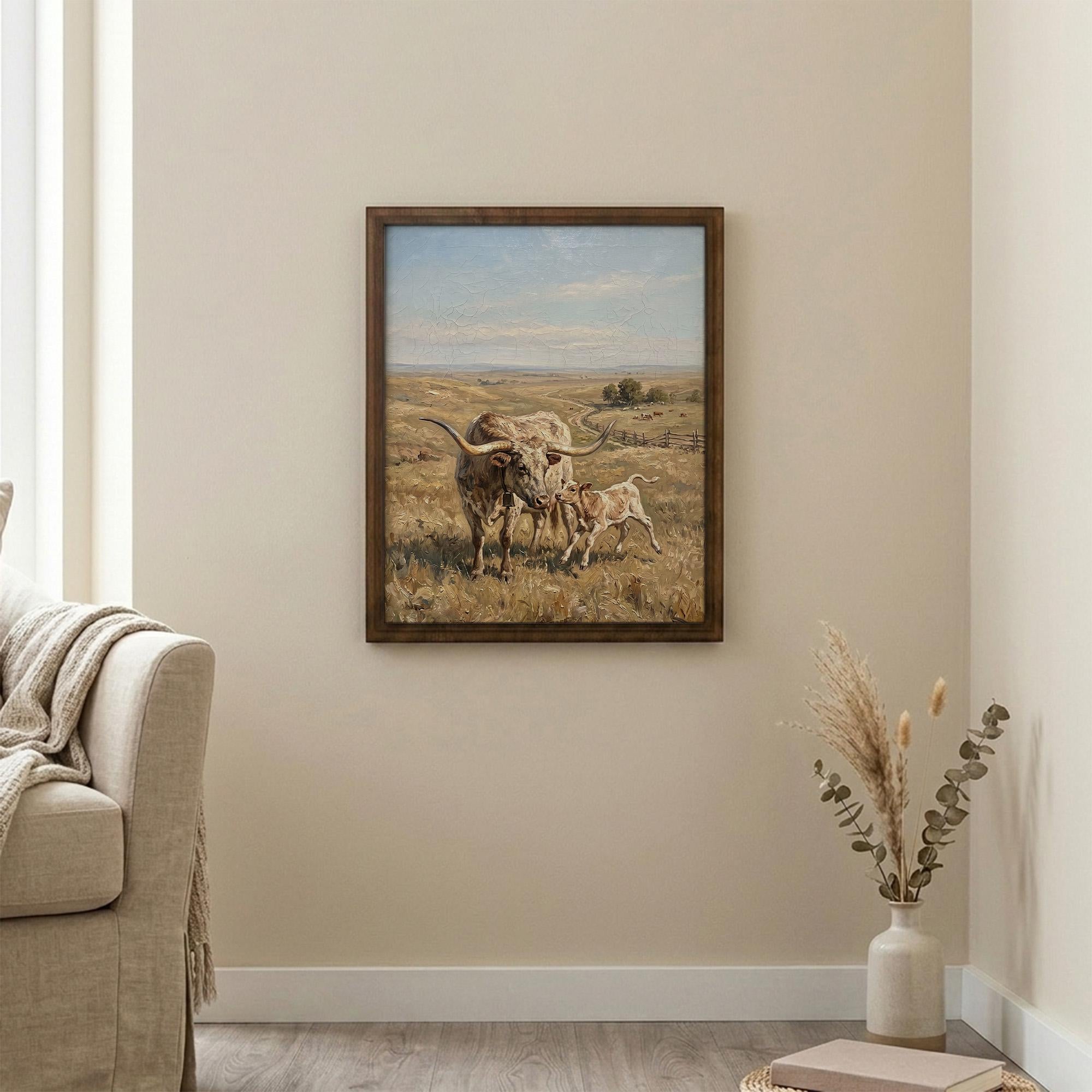 Longhorn Wall Art, Wood Picture Frame, Country Cow Decor, 3D Layered Wood Sign, Western Canvas Print, Farmhouse Gift, Rustic Home Decor