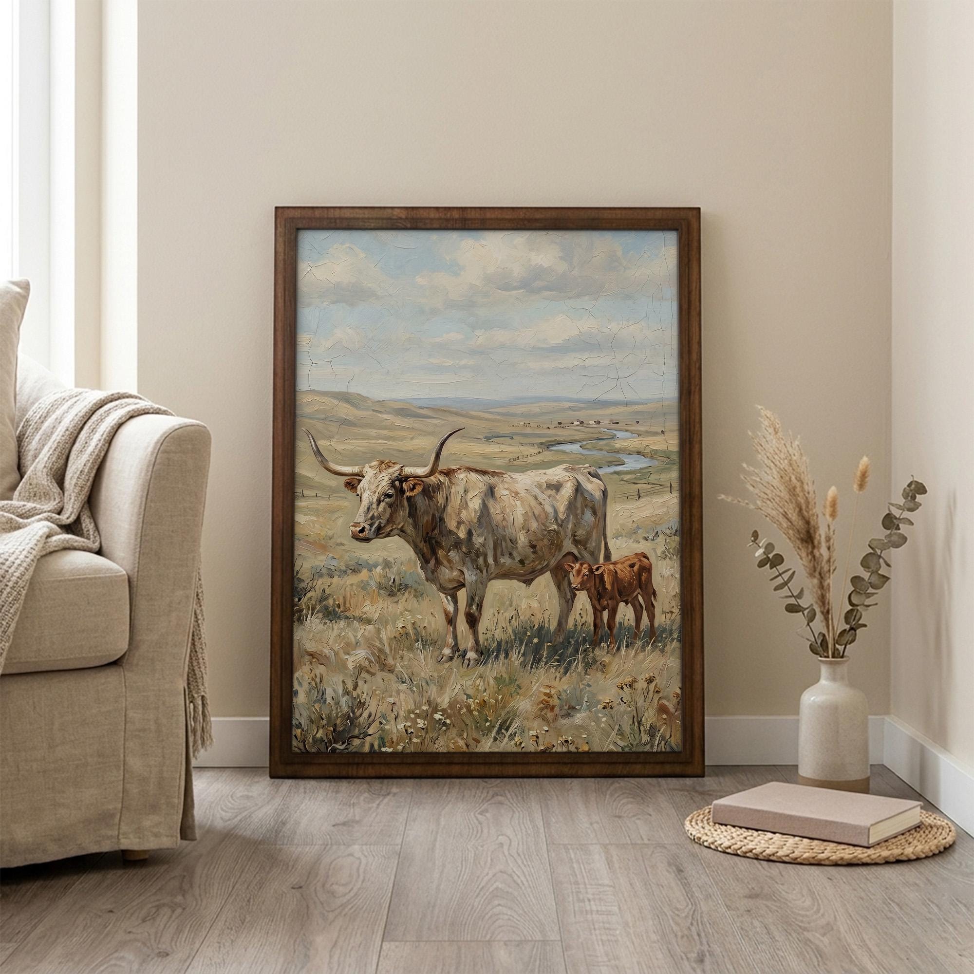 Longhorn Wall Art, Wood Picture Frame, Country Cow Decor, 3D Layered Wood Sign, Western Canvas Print, Farmhouse Gift, Rustic Home Decor