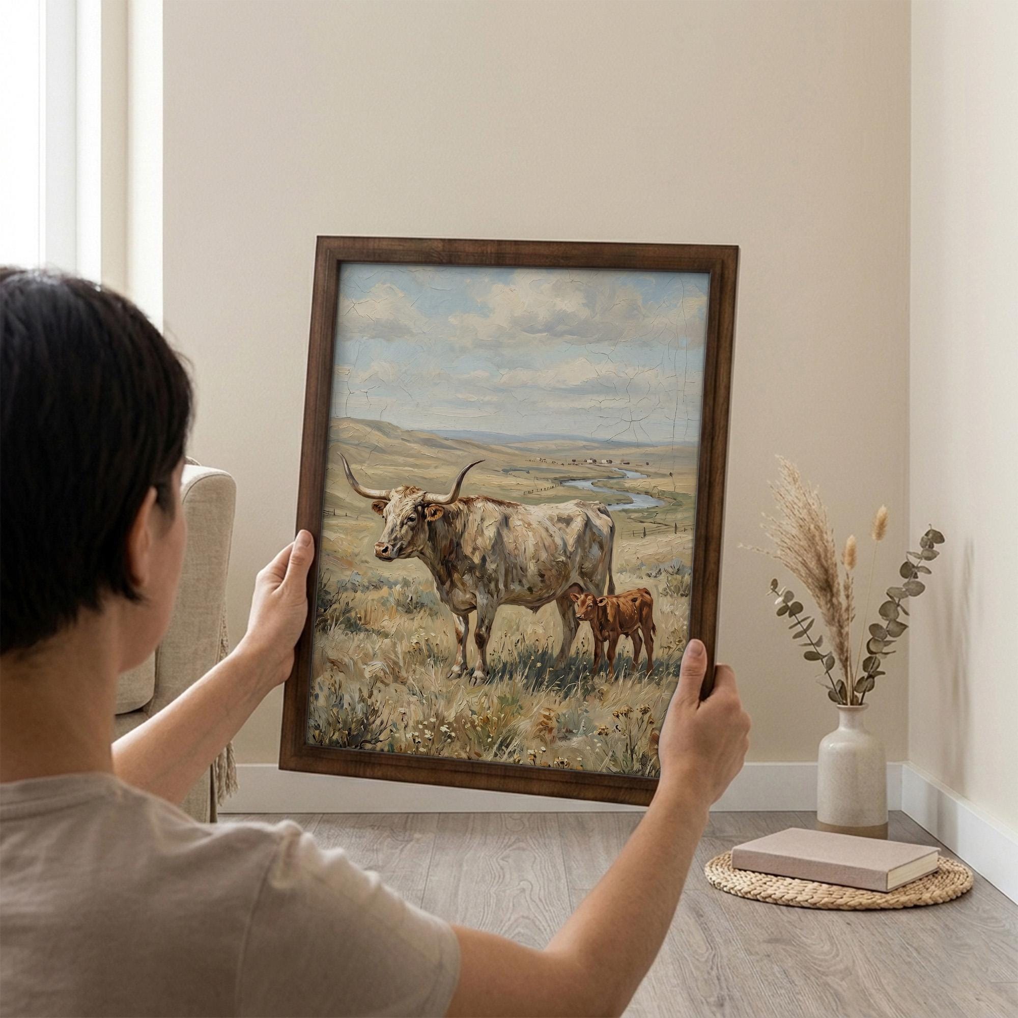 Longhorn Wall Art, Wood Picture Frame, Country Cow Decor, 3D Layered Wood Sign, Western Canvas Print, Farmhouse Gift, Rustic Home Decor
