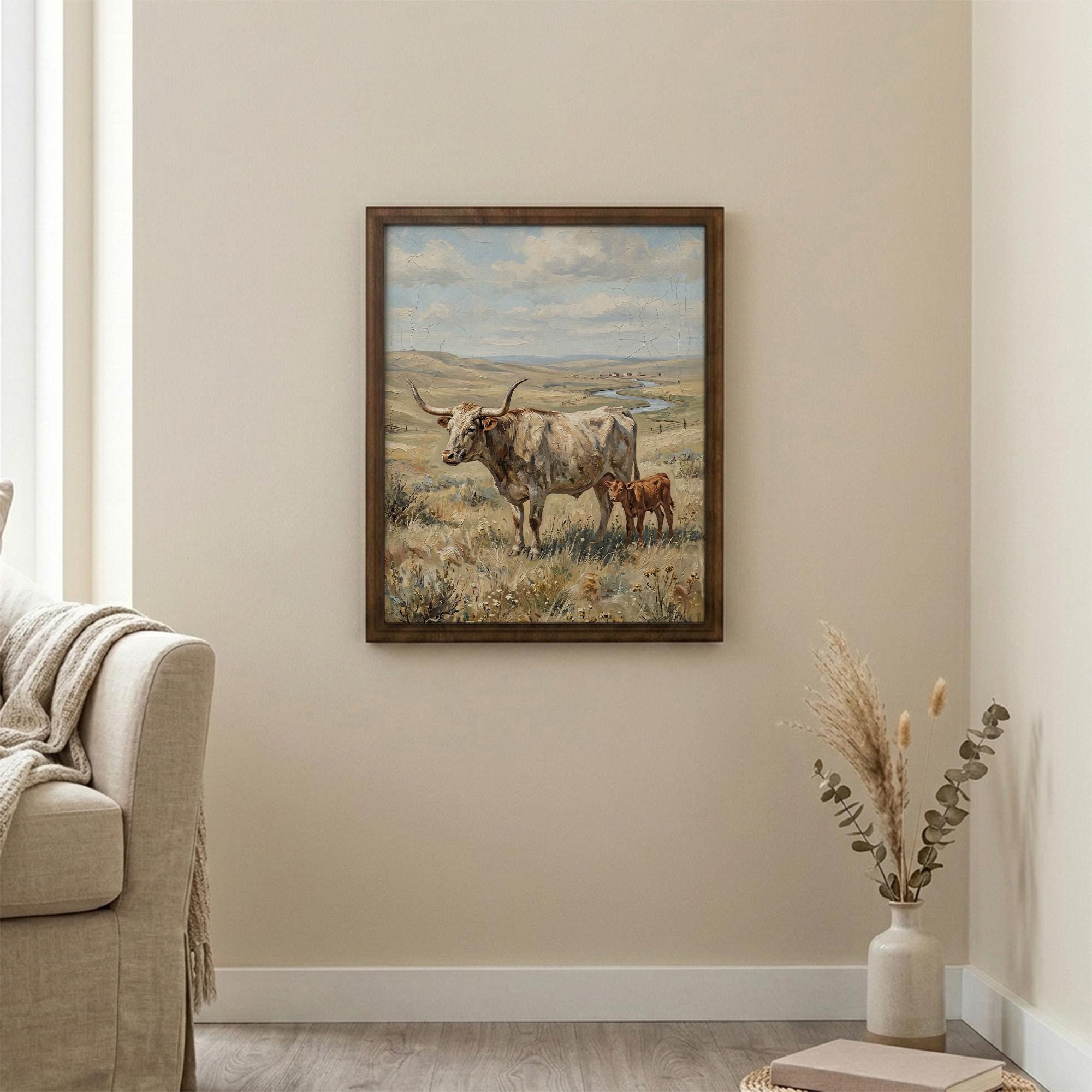 Longhorn Wall Art, Wood Picture Frame, Country Cow Decor, 3D Layered Wood Sign, Western Canvas Print, Farmhouse Gift, Rustic Home Decor