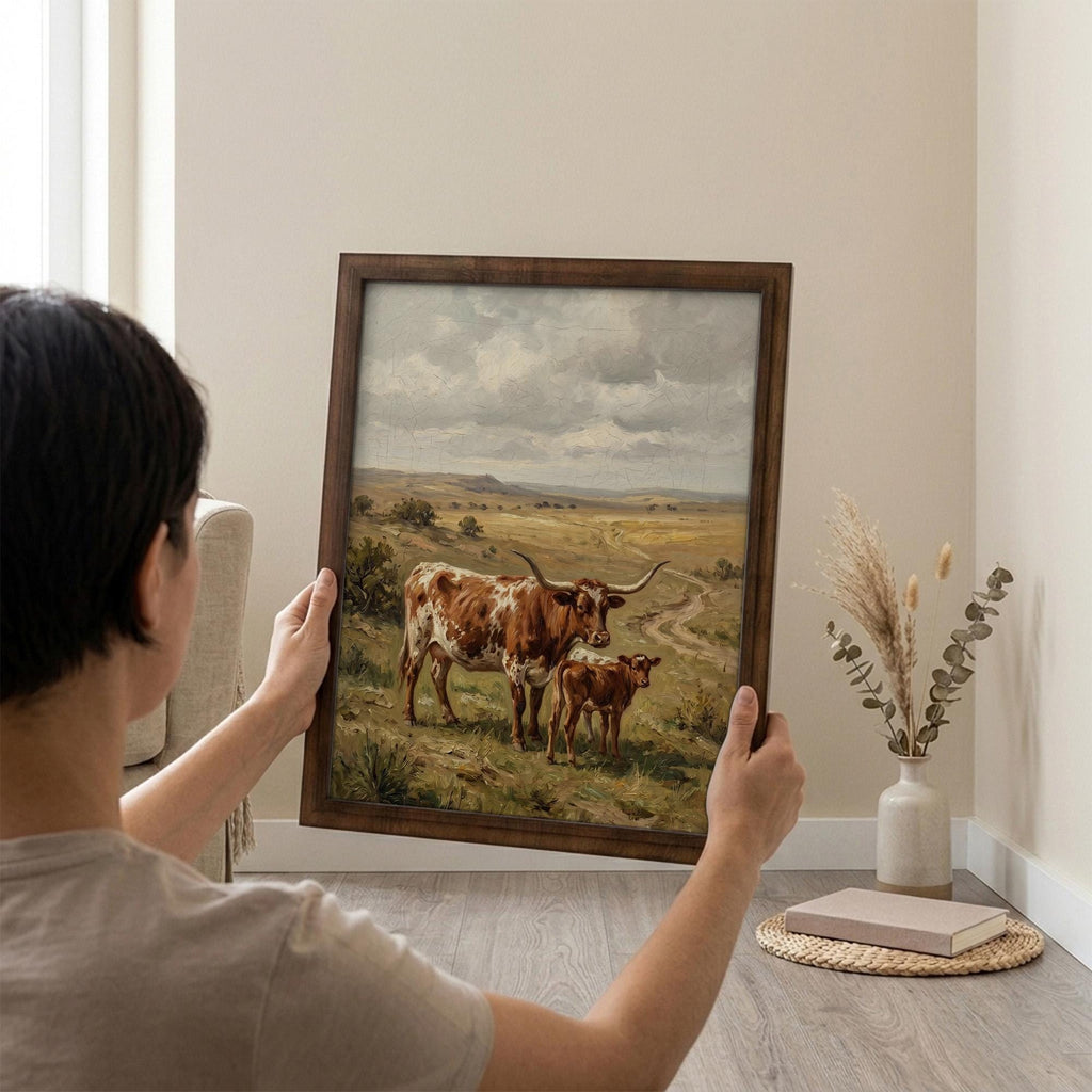 Longhorn Wall Art, Wood Picture Frame, Country Cow Decor, 3D Layered Wood Sign, Western Canvas Print, Farmhouse Gift, Rustic Home Decor