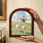 Sheep and Windmill Painting, Vintage Lamb Art, Countryside Landscape, Arched Wood Frame, Farmhouse Wall Decor, Canvas Tabletop Frame Art