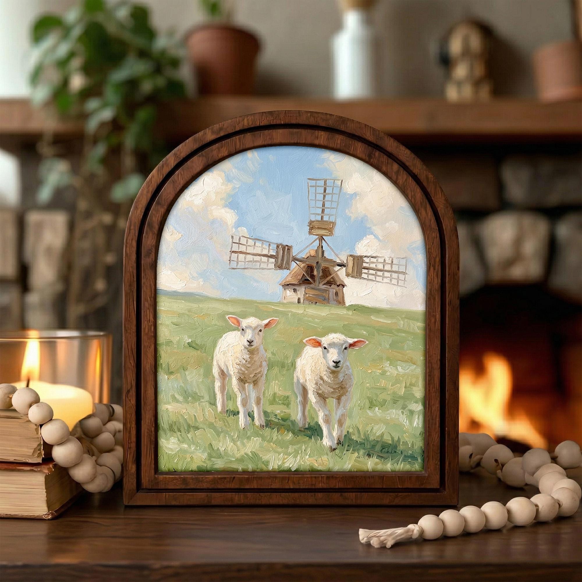Sheep and Windmill Painting, Vintage Lamb Art, Countryside Landscape, Arched Wood Frame, Farmhouse Wall Decor, Canvas Tabletop Frame Art